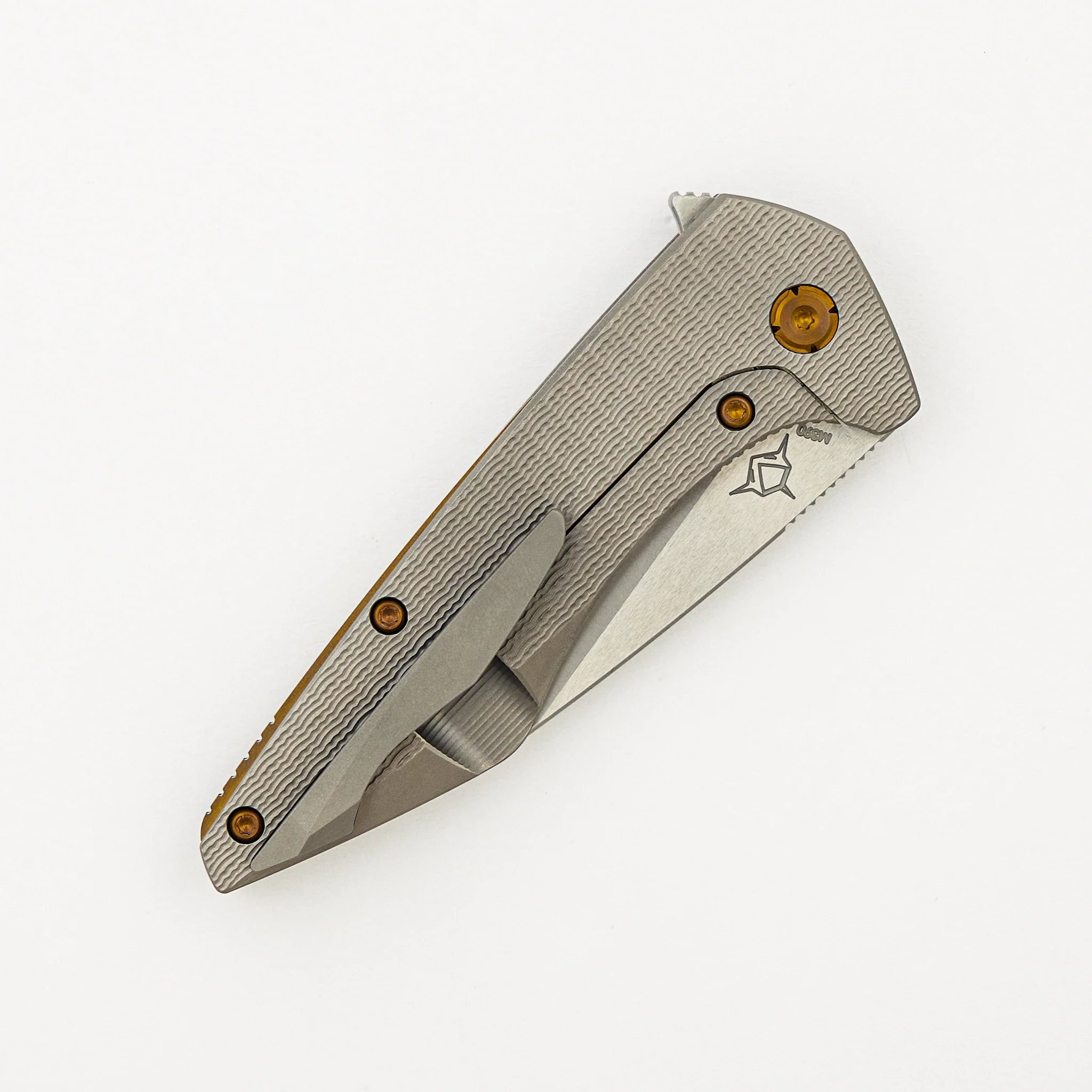 Mini Goblin - PCF Pattern Titanium Handle - Bronze Hardware - Burnished w/ Polished Flats M390 Blade - Image 4