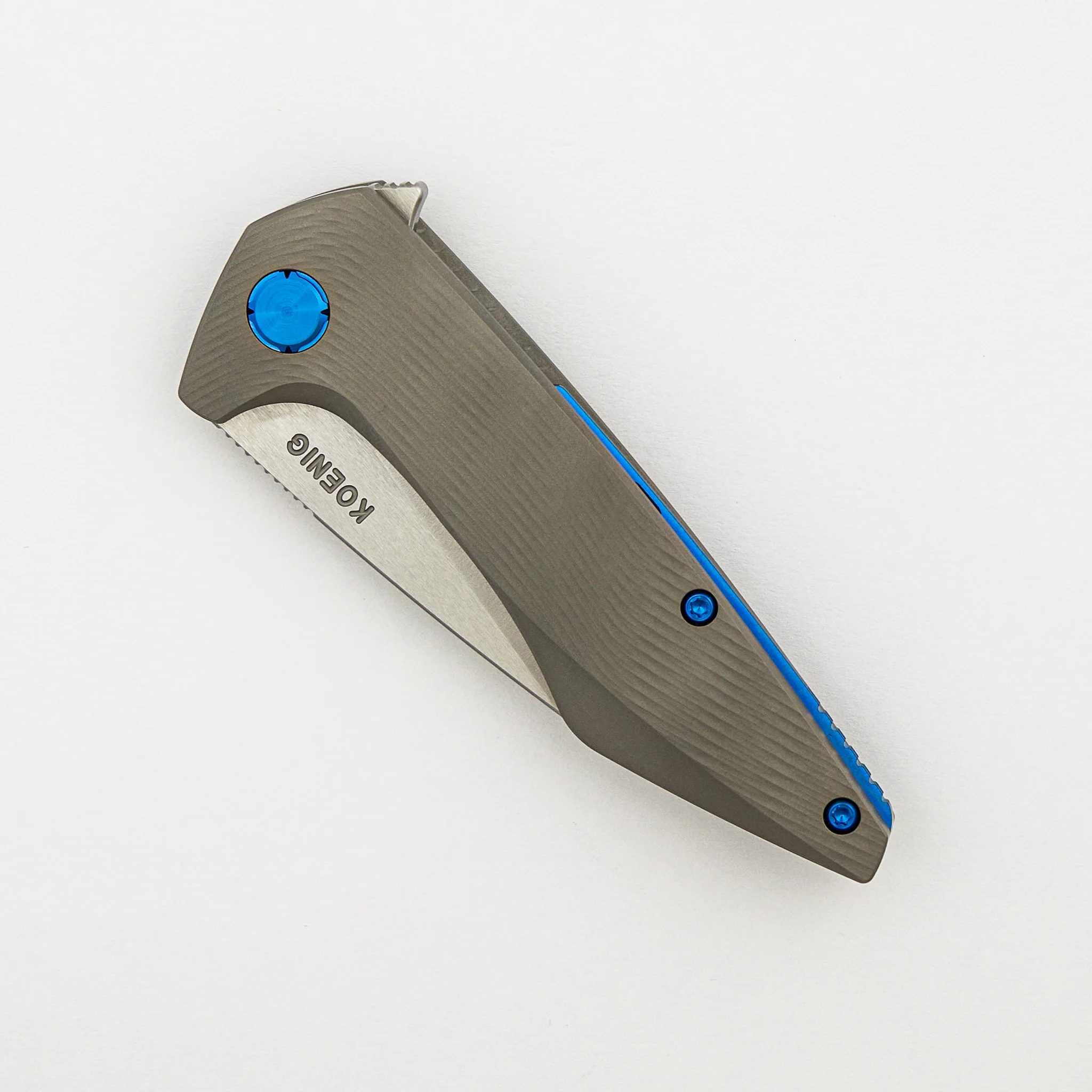 Mini Goblin - Sea Pattern Titanium Handle - Blue Hardware - Brightwashed w/ Polished Flats M390 Blade - Image 3