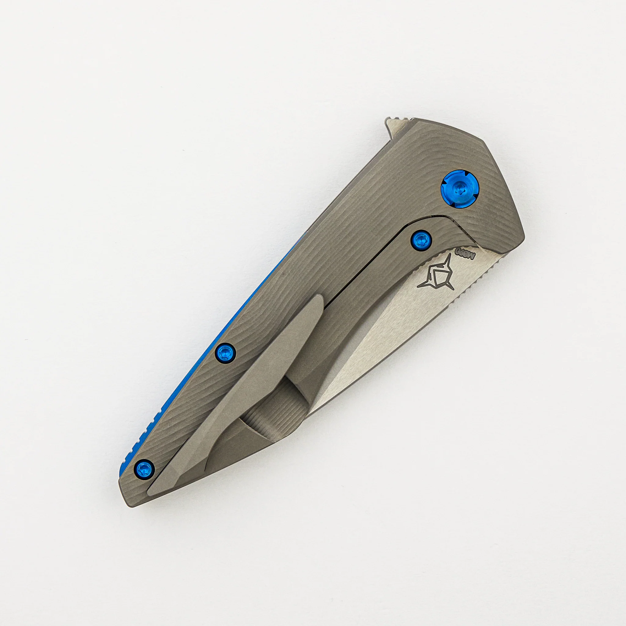 Mini Goblin - Sea Pattern Titanium Handle - Blue Hardware - Brightwashed w/ Polished Flats M390 Blade - Image 4