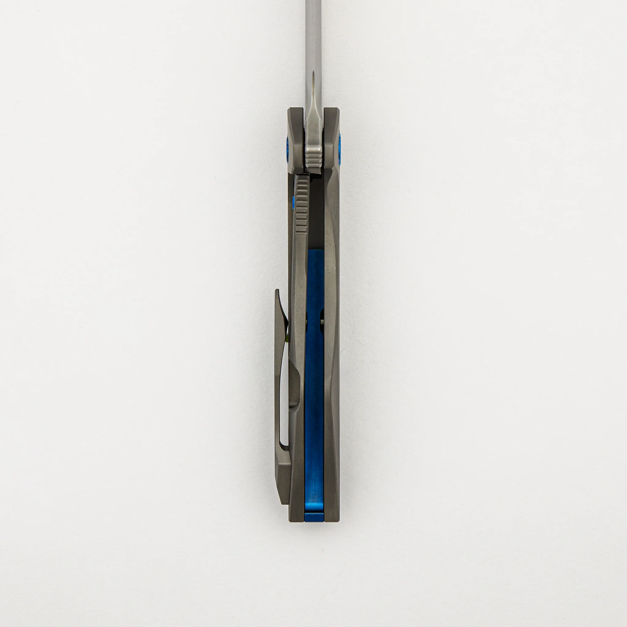 Mini Goblin - Sea Pattern Titanium Handle - Blue Hardware - Brightwashed w/ Polished Flats M390 Blade - Image 6