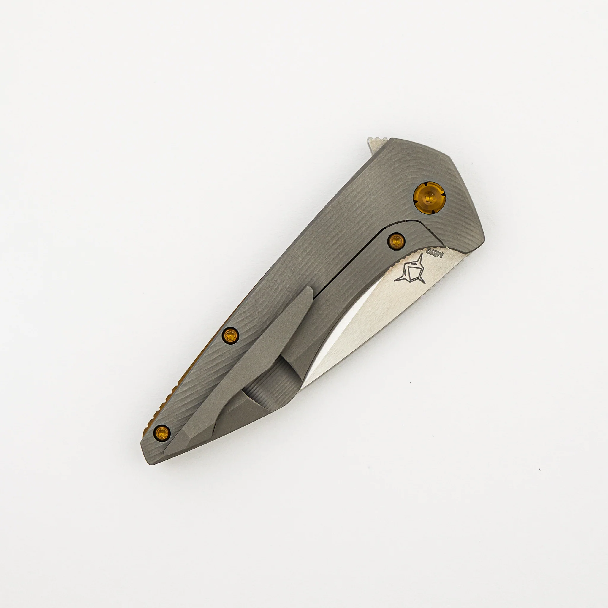 Mini Goblin - Sea Pattern Titanium Handle - Brightwashed W/ Polished Flats M390 Blade - Bronze Hardware - Image 4
