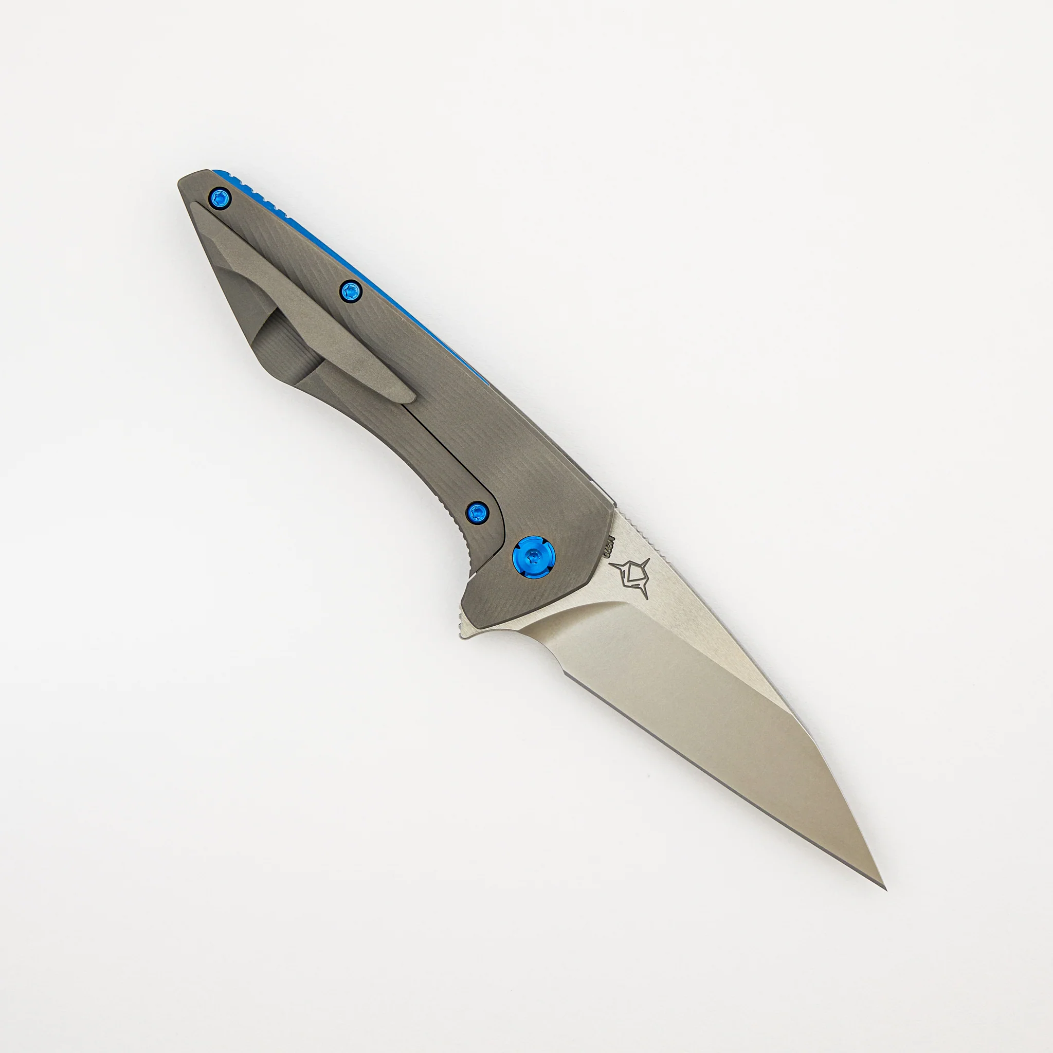 Mini Goblin - Sea Pattern Titanium Handle - Brightwashed W/ Polished Flats M390 Blade - Blue Hardware - Image 2