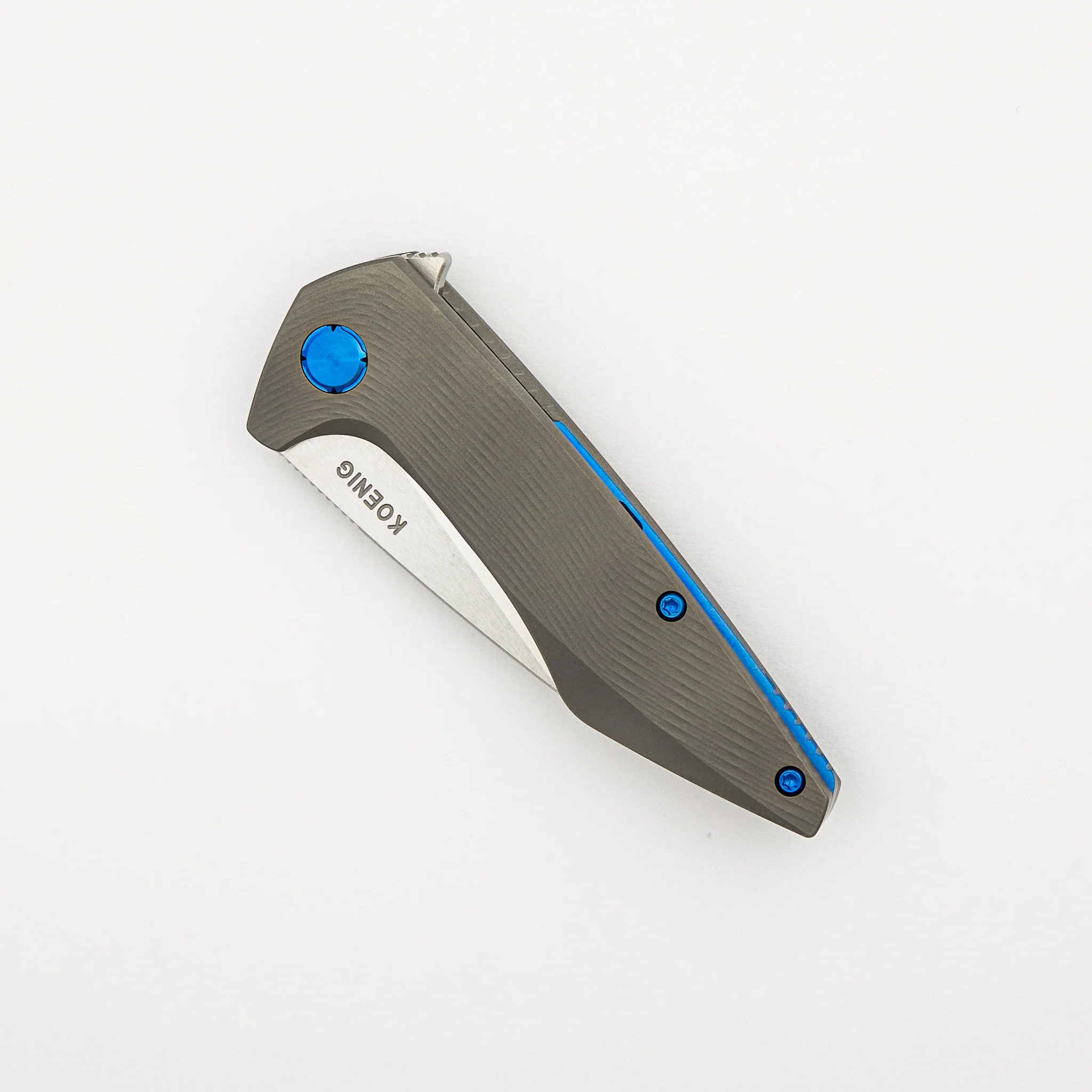 Mini Goblin - Sea Pattern Titanium Handle - Brightwashed W/ Polished Flats M390 Blade - Blue Hardware - Image 3