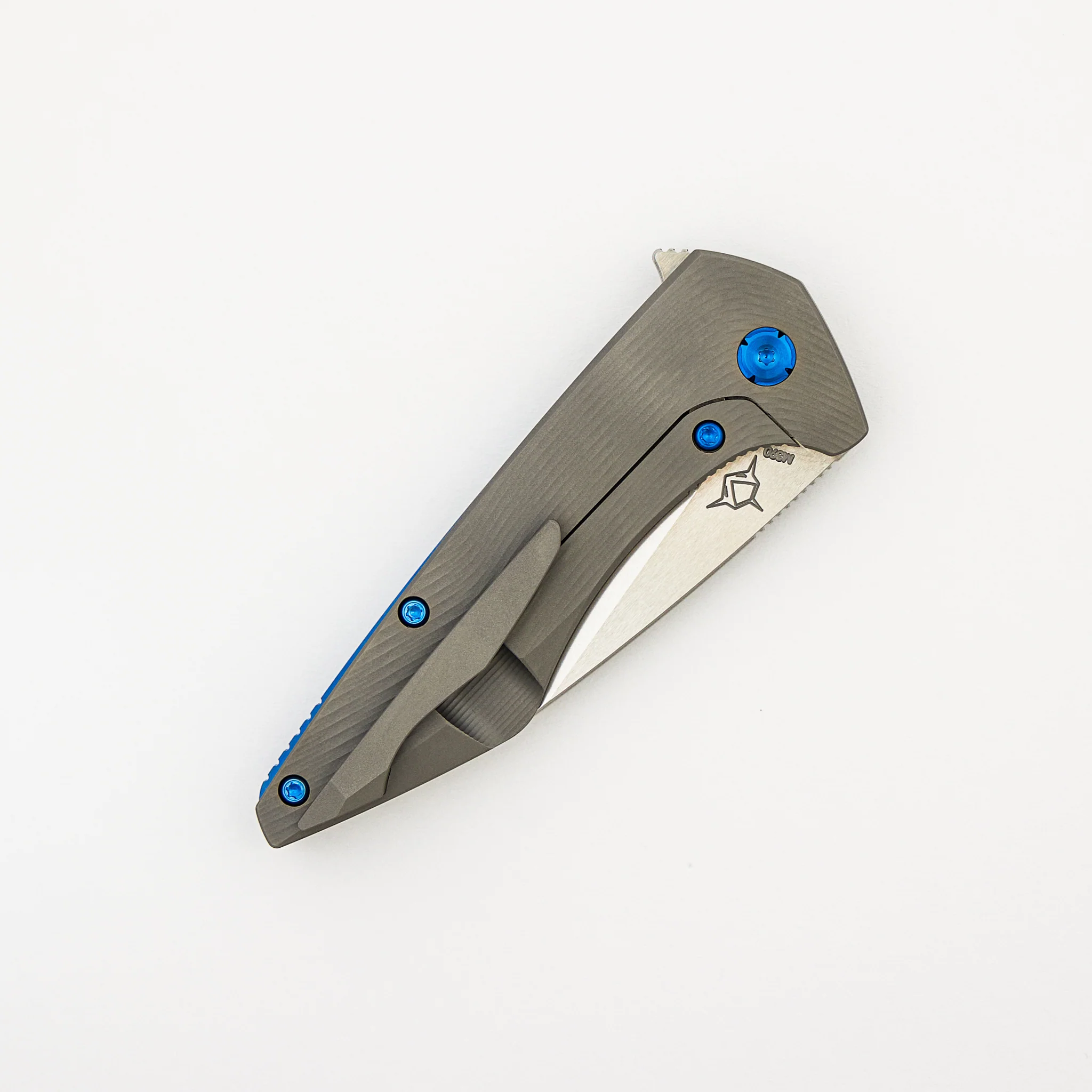 Mini Goblin - Sea Pattern Titanium Handle - Brightwashed W/ Polished Flats M390 Blade - Blue Hardware - Image 4