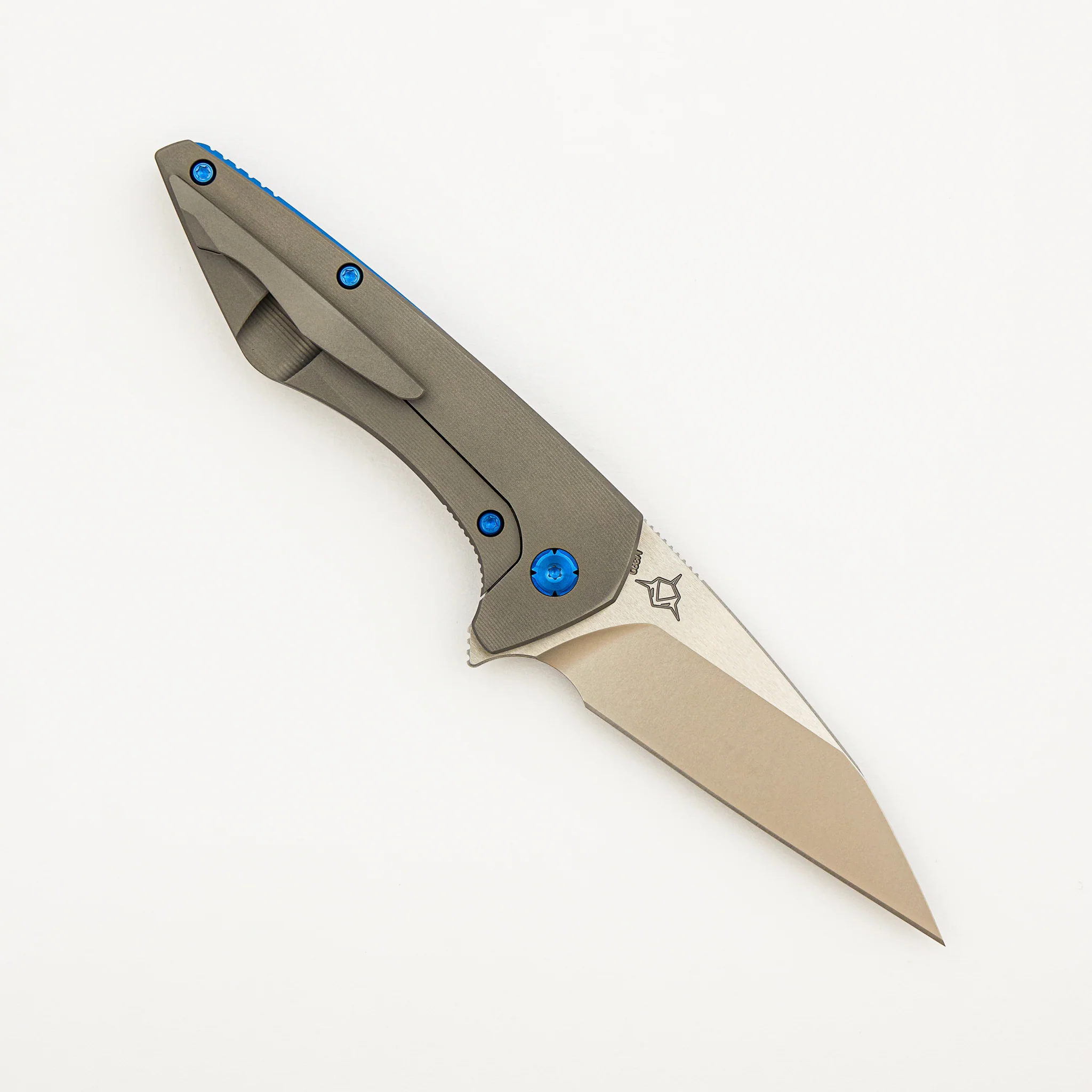Mini Goblin - Smooth Titanium Handle - Blue Hardware - Brightwashed W/ Polished Flats M390 Blade - Image 2