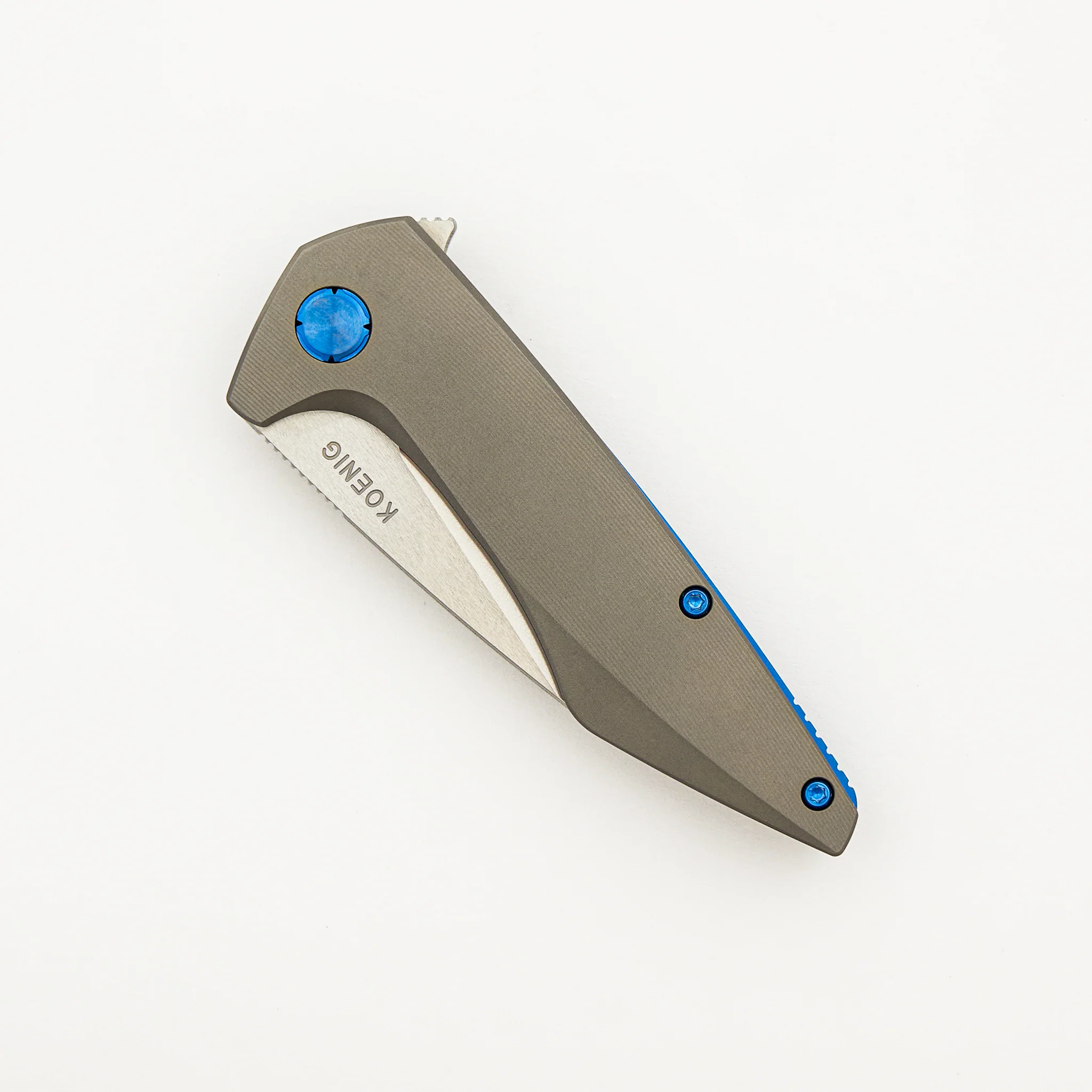 Mini Goblin - Smooth Titanium Handle - Blue Hardware - Brightwashed W/ Polished Flats M390 Blade - Image 3