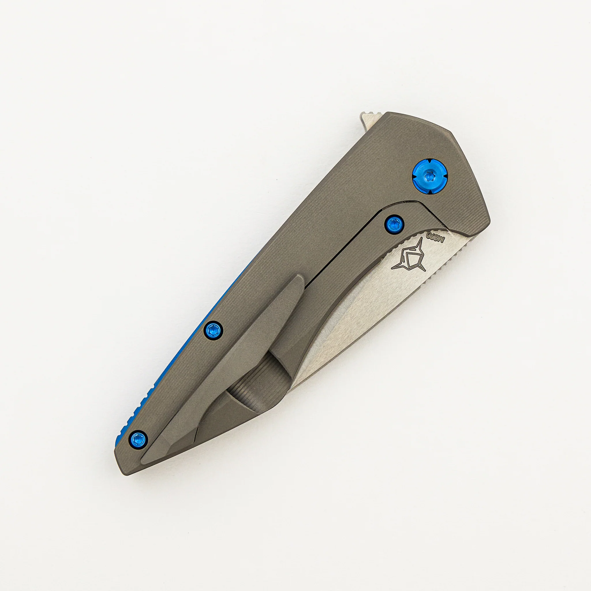 Mini Goblin - Smooth Titanium Handle - Blue Hardware - Brightwashed W/ Polished Flats M390 Blade - Image 4