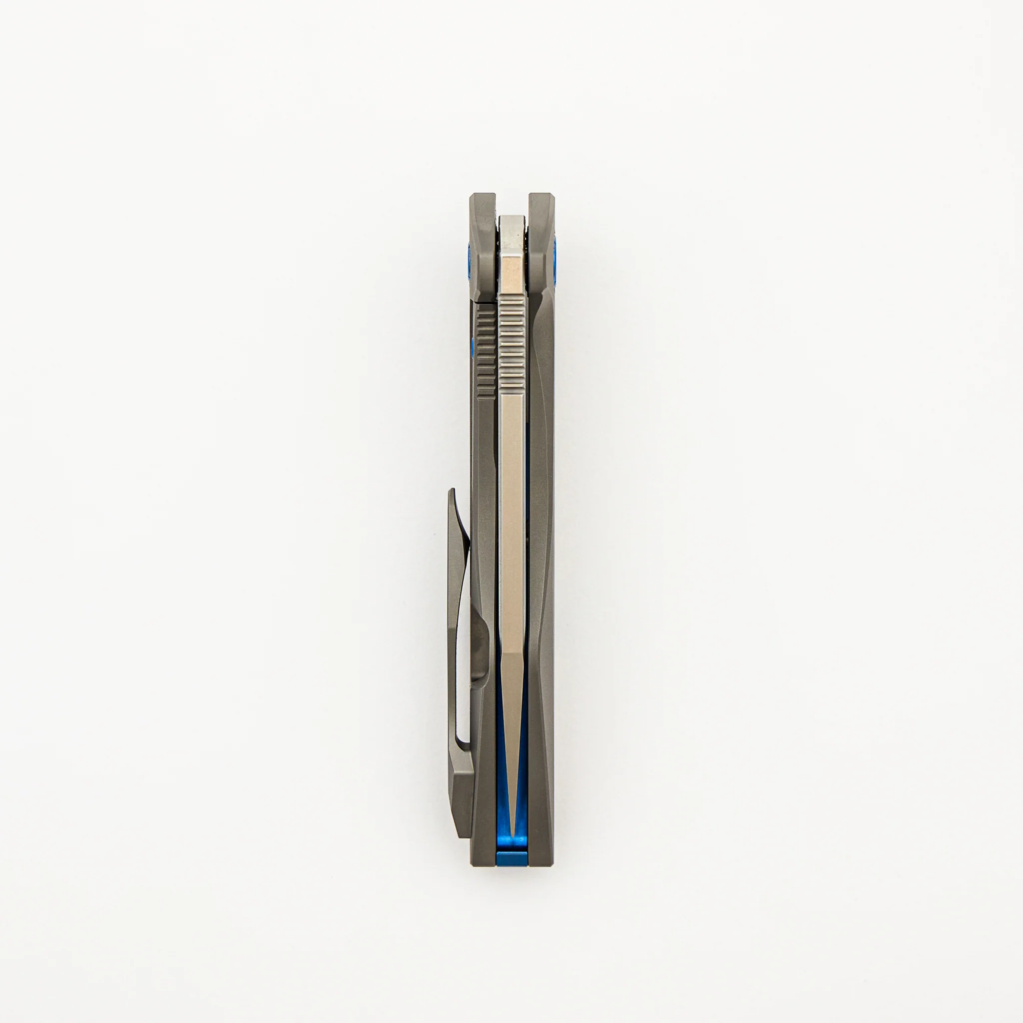 Mini Goblin - Smooth Titanium Handle - Blue Hardware - Brightwashed W/ Polished Flats M390 Blade - Image 5