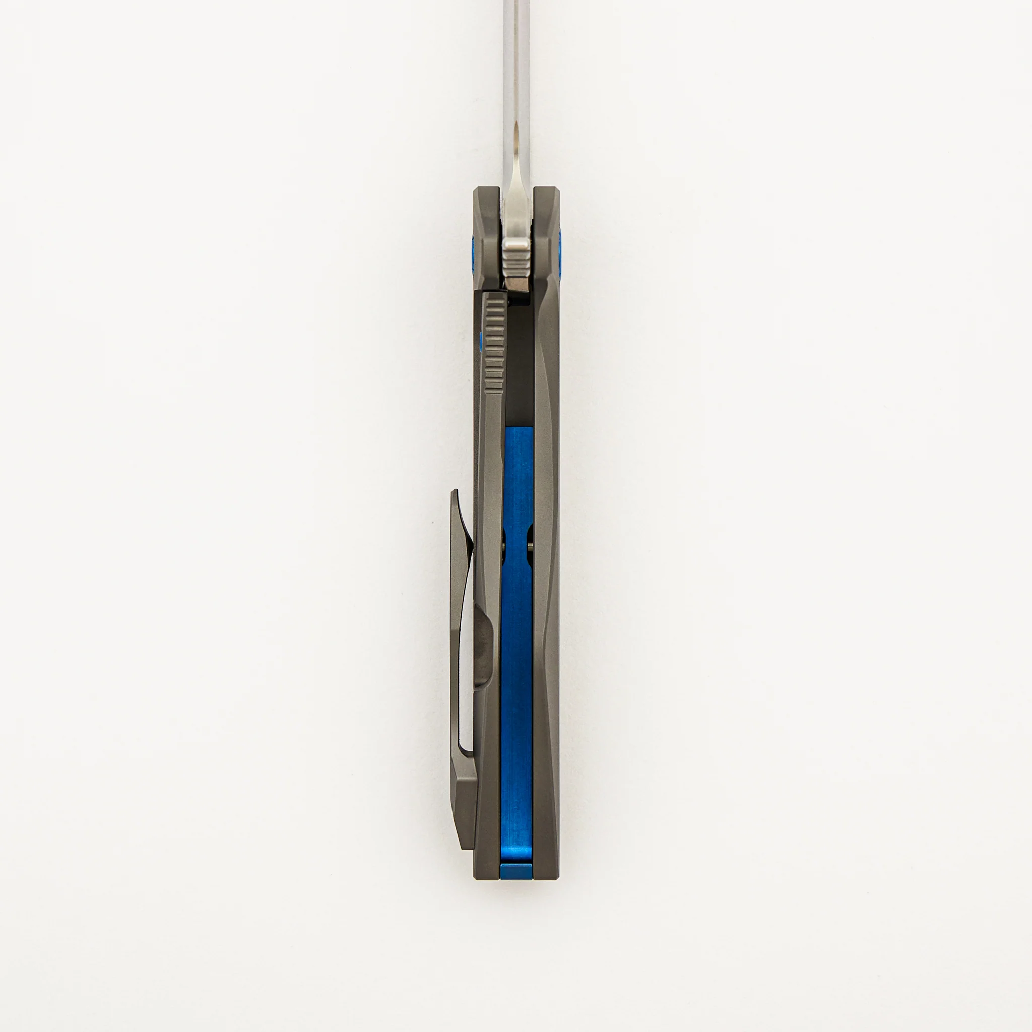 Mini Goblin - Smooth Titanium Handle - Blue Hardware - Brightwashed W/ Polished Flats M390 Blade - Image 6