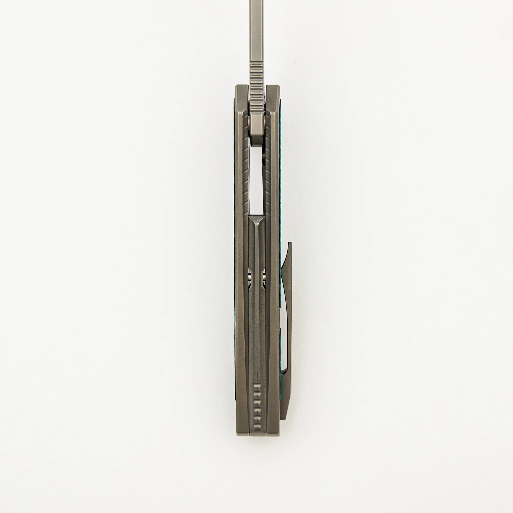 Mini Goblin - Smooth Titanium W/ Aqua Green Twill Inlay Handle - Silver Hardware - Burnished W/ Polished Flats M390 Blade - Image 7