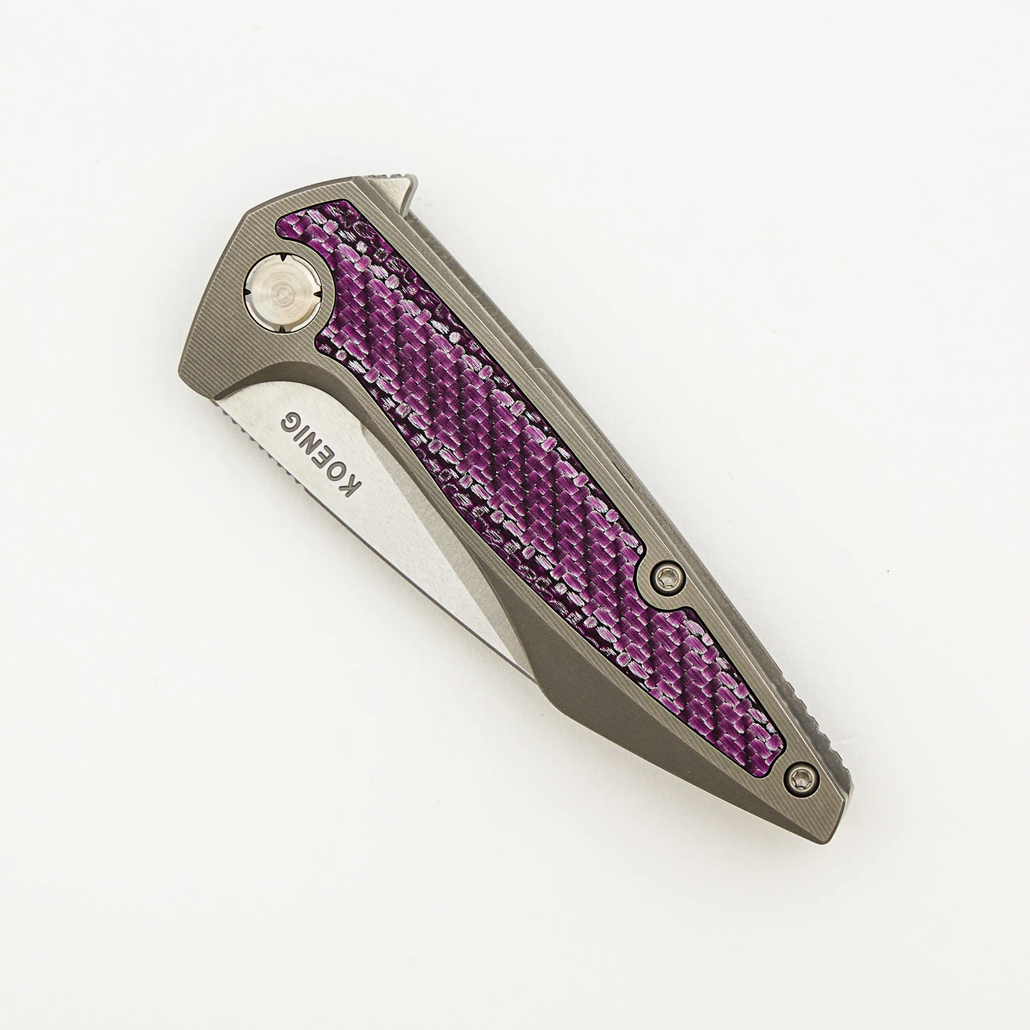 Mini Goblin - Smooth Titanium W/ Purple Twill Inlay Handle - Silver Hardware - Burnished W/ Polished Flats M390 Blade - Image 3