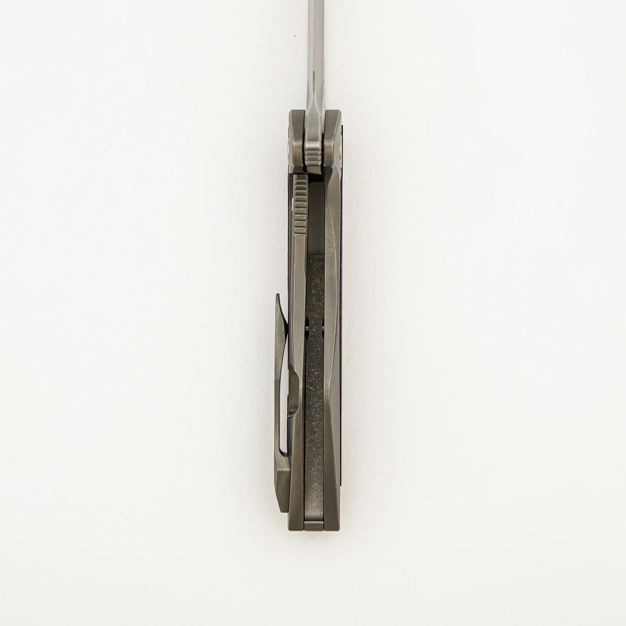 Mini Goblin - Smooth Titanium W/ Purple Twill Inlay Handle - Silver Hardware - Burnished W/ Polished Flats M390 Blade - Image 6