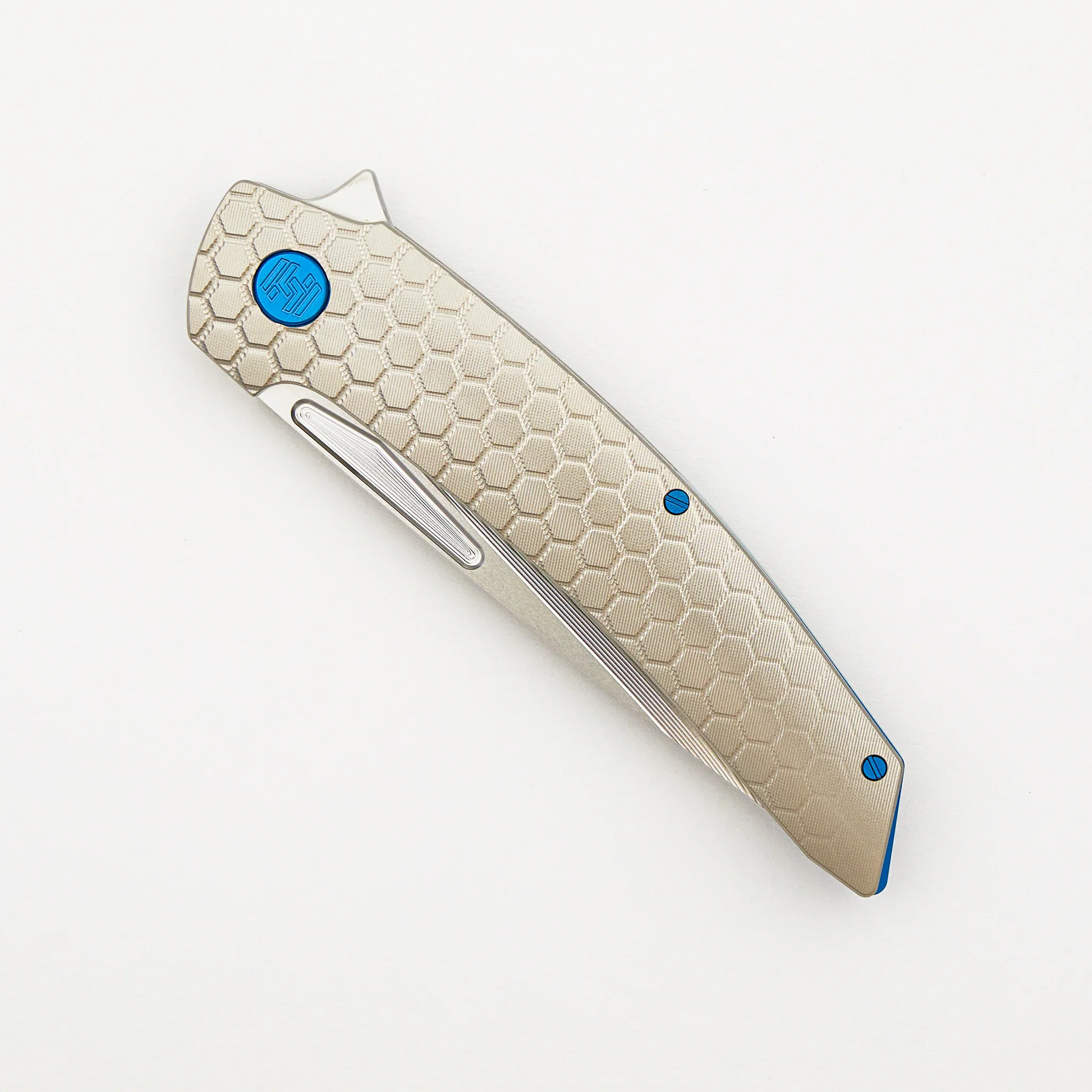 Model T Gen. 2 - Titanium Handle W/ Fade Honeycomb Milling - RWL-34 Blade - Blue Accents - Image 3