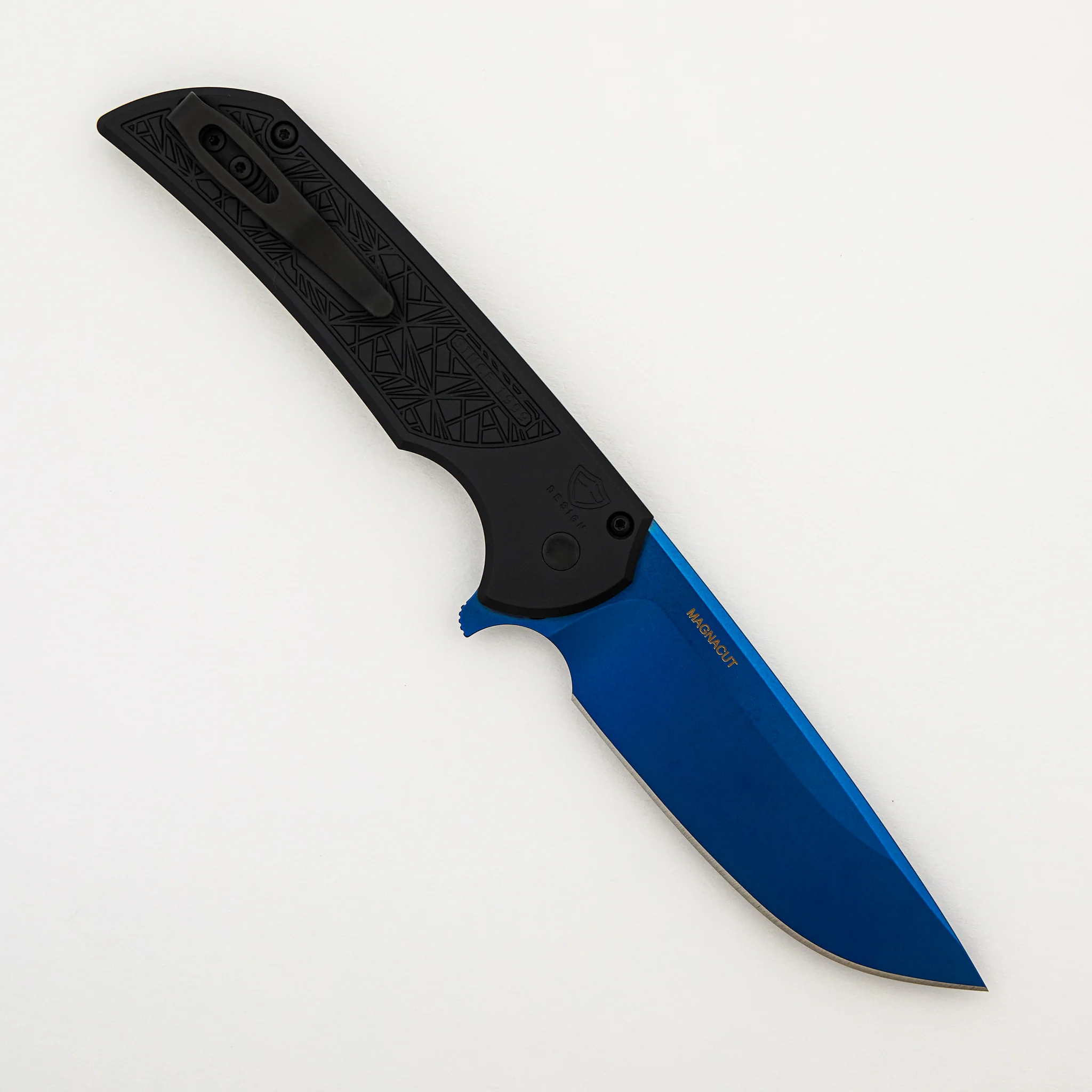 Mordax - MX106-SB NEXUS - Black "Nexus" Textured Handle - Sapphire Blue PVD MagnaCut Blade - Abalone Button - Image 2