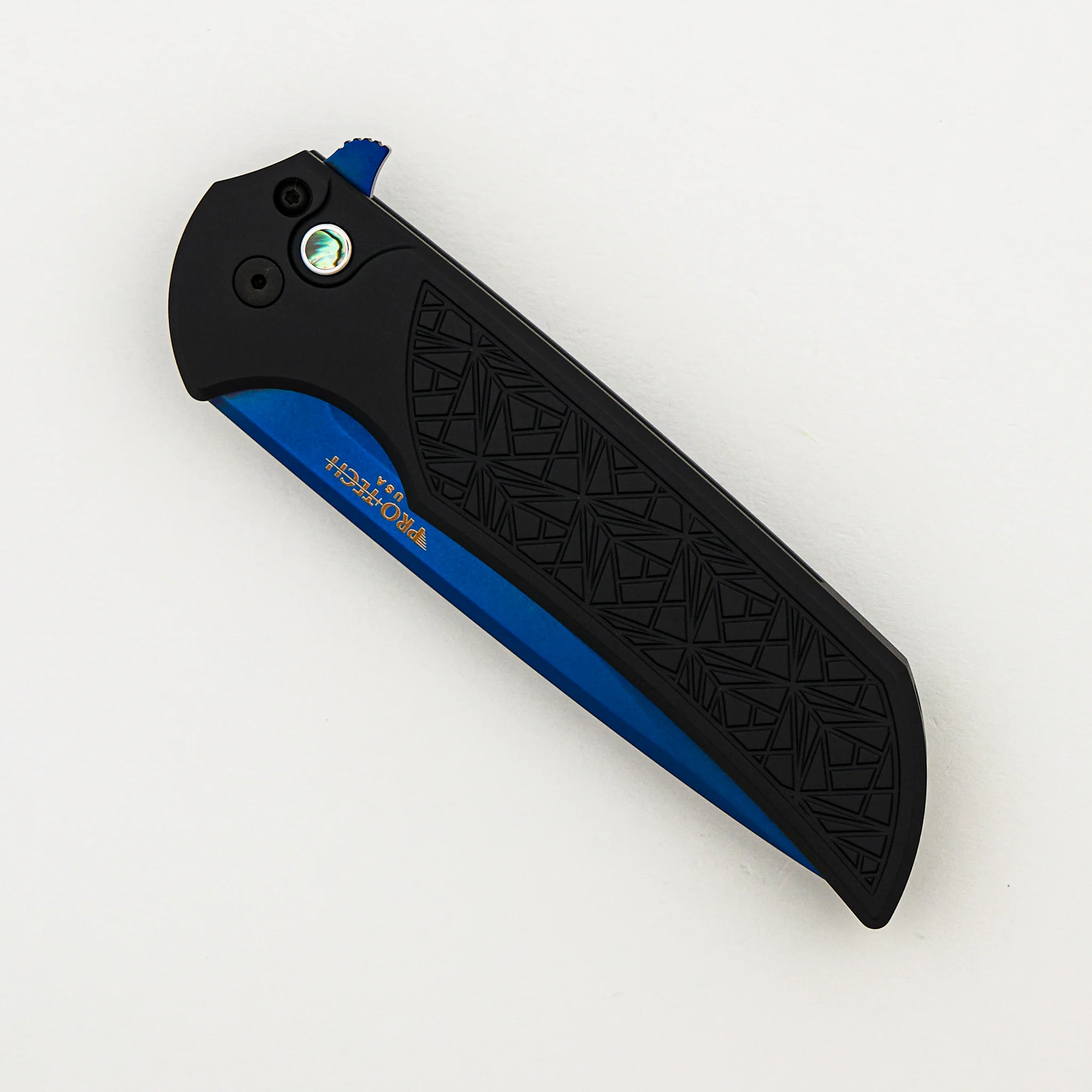 Mordax - MX106-SB NEXUS - Black "Nexus" Textured Handle - Sapphire Blue PVD MagnaCut Blade - Abalone Button - Image 3
