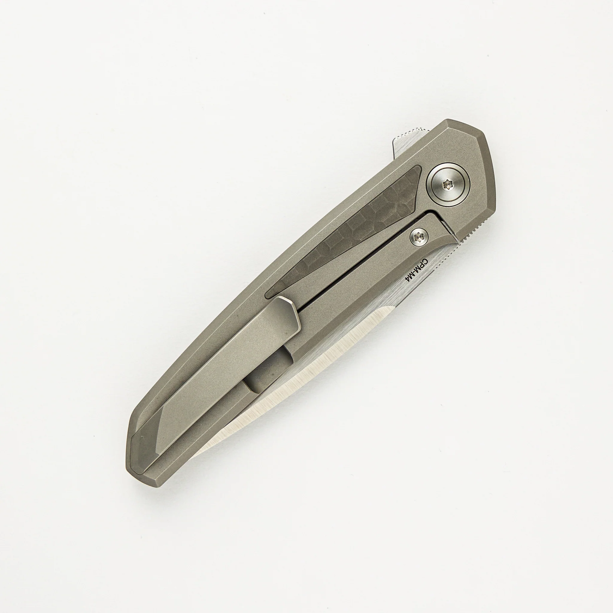 Cobra - Titanium Handle W/ Titanium Frag Dark Bead Blast Inlays - Belt Satin CPM-M4 Blade - Image 4