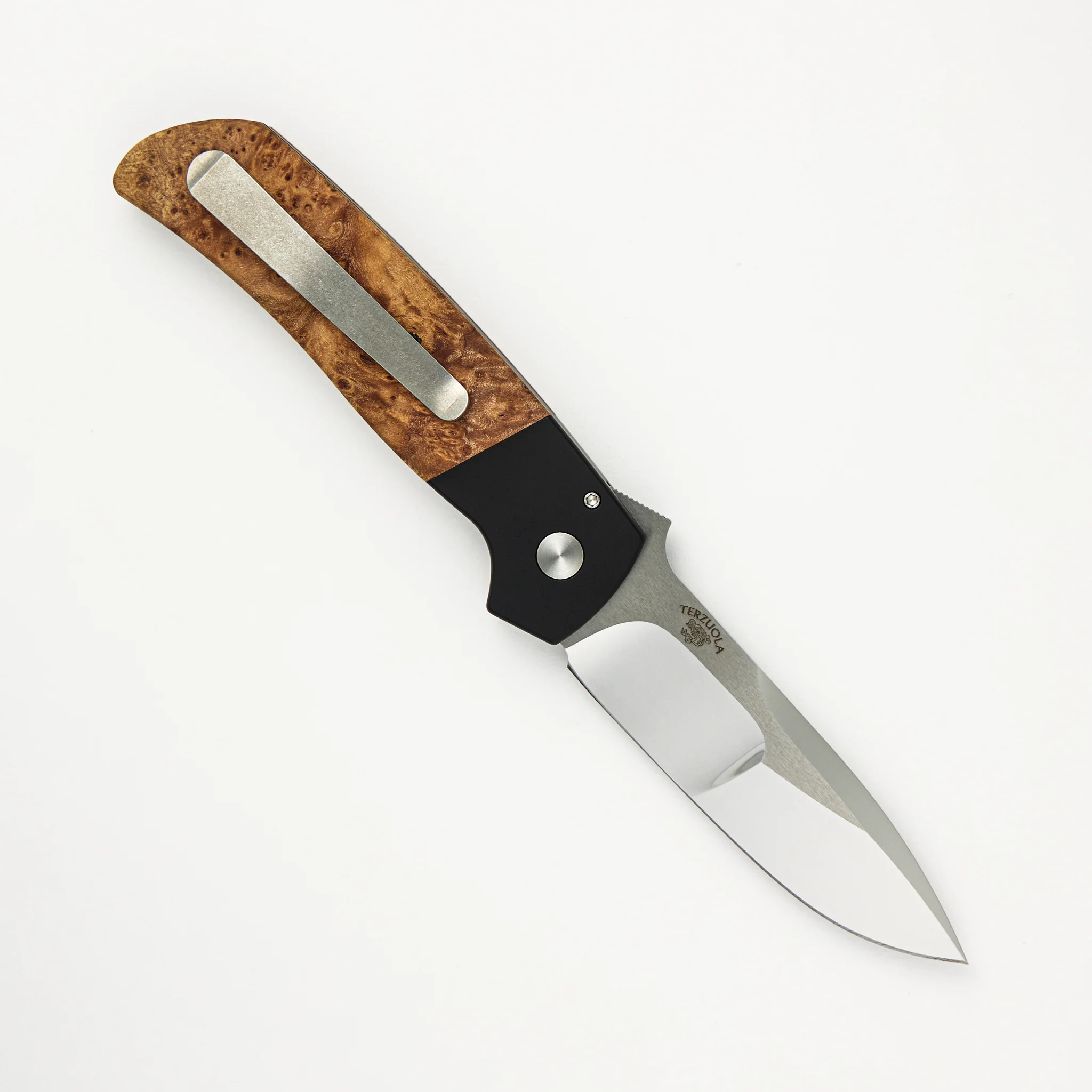 2024 ATCF Custom 004 Black Aluminum Handle, Maple Burl Inlays, Mosaic Pin, Mike Irie Blade - Image 2