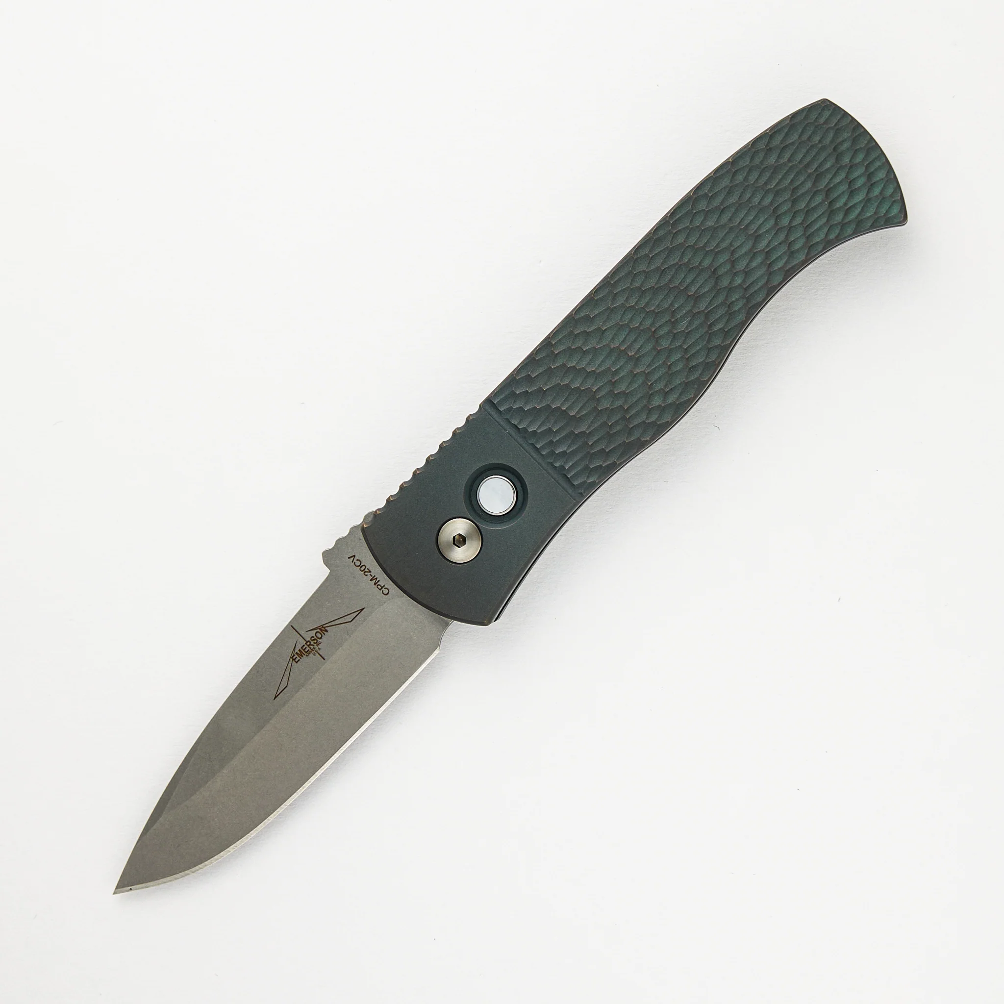 2024 CQC7 Auto Emerson Custom 005 - Titanium Jigged Handle W/ Light Green Ano, MOP Button, Stonewash 20CV Spearpoint Blade