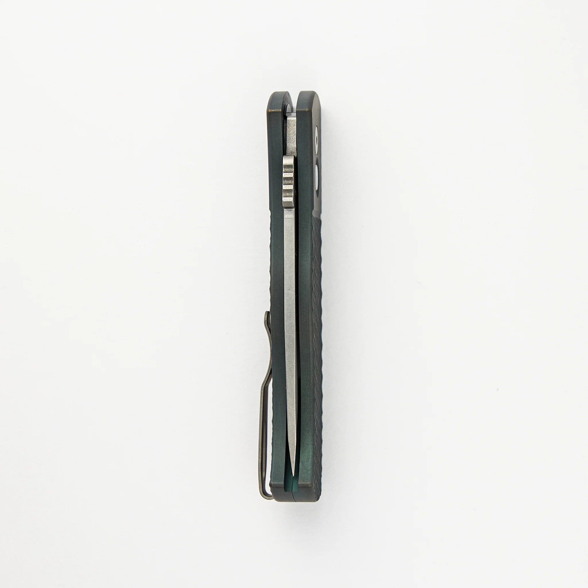 2024 CQC7 Auto Emerson Custom 005 - Titanium Jigged Handle W/ Light Green Ano, MOP Button, Stonewash 20CV Spearpoint Blade - Image 5