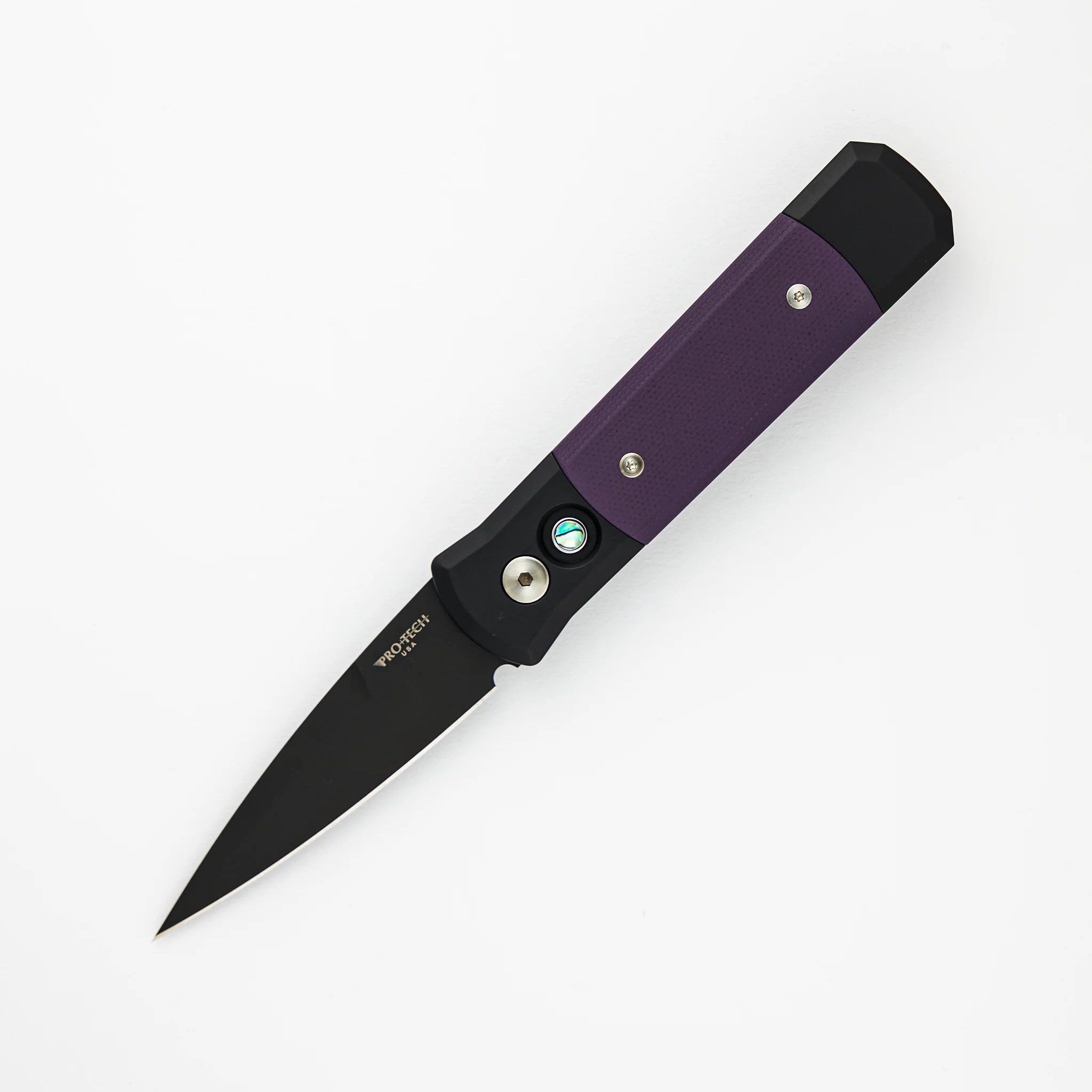 Godson β Black Handle / Purple G10 Inlays β Black DLC 154CM Blade Abalone button 715-PURPLE