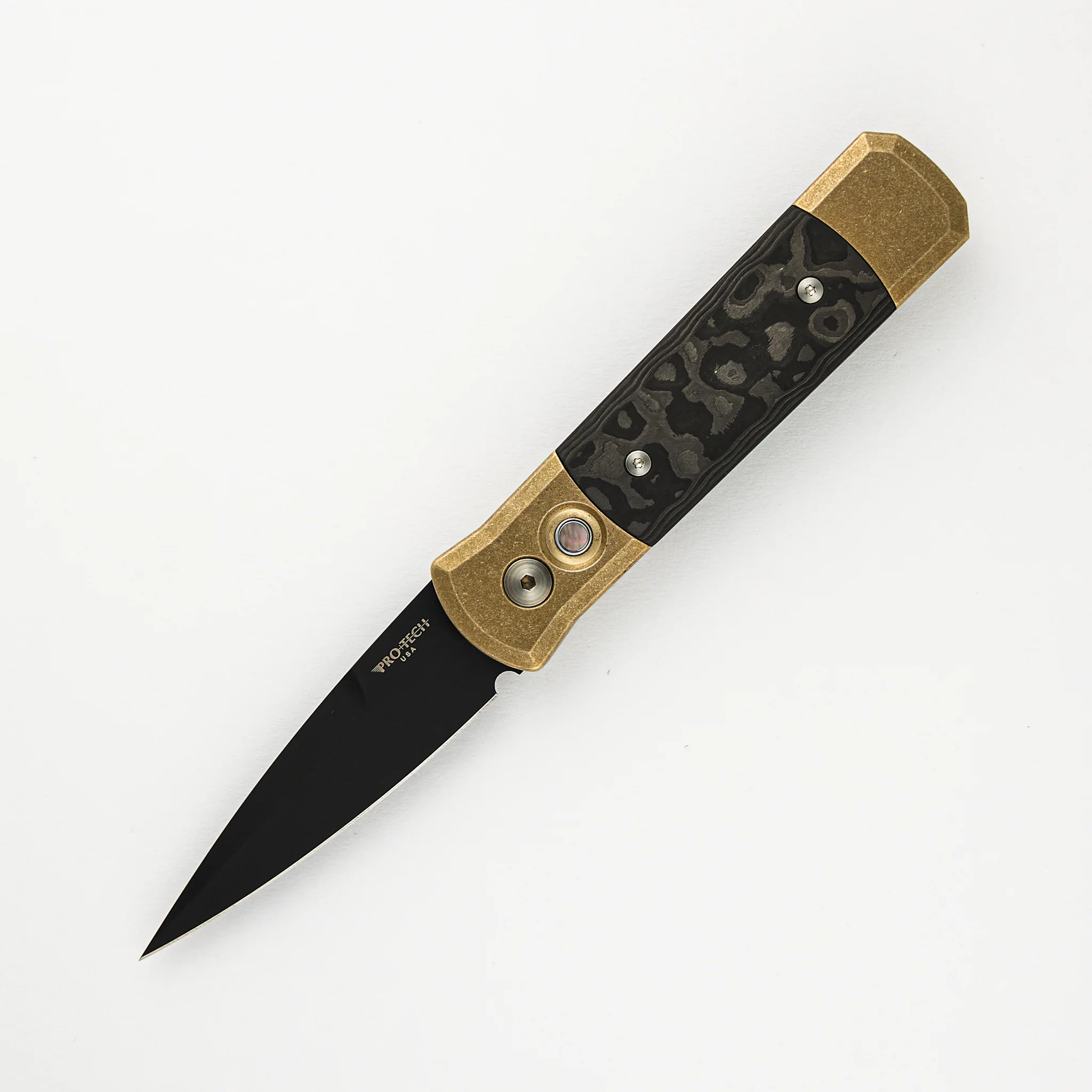Godson Ltd. - AL Bronze Handle W/ Fat Carbon "Camo" Inlays, Black Pearl Button, DLC Blade 7115-CAMO