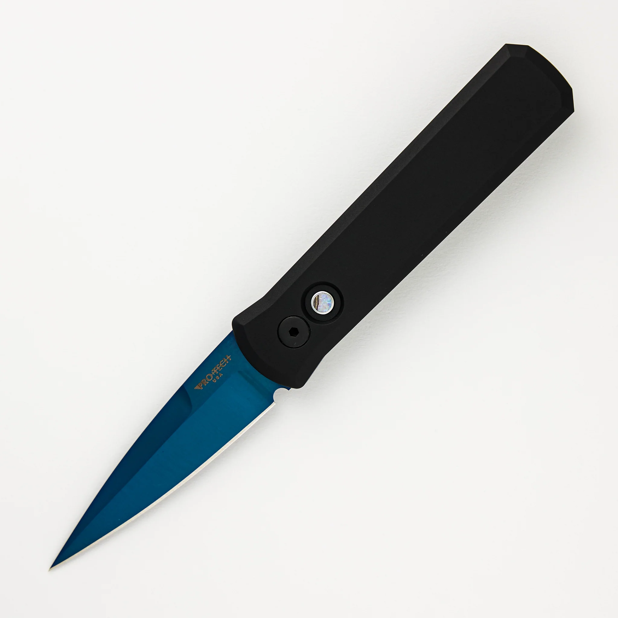 Godson – Solid Black Handle – Satin Sapphire Blue Blade – Abalone Button – All Black Hardware 721-SB