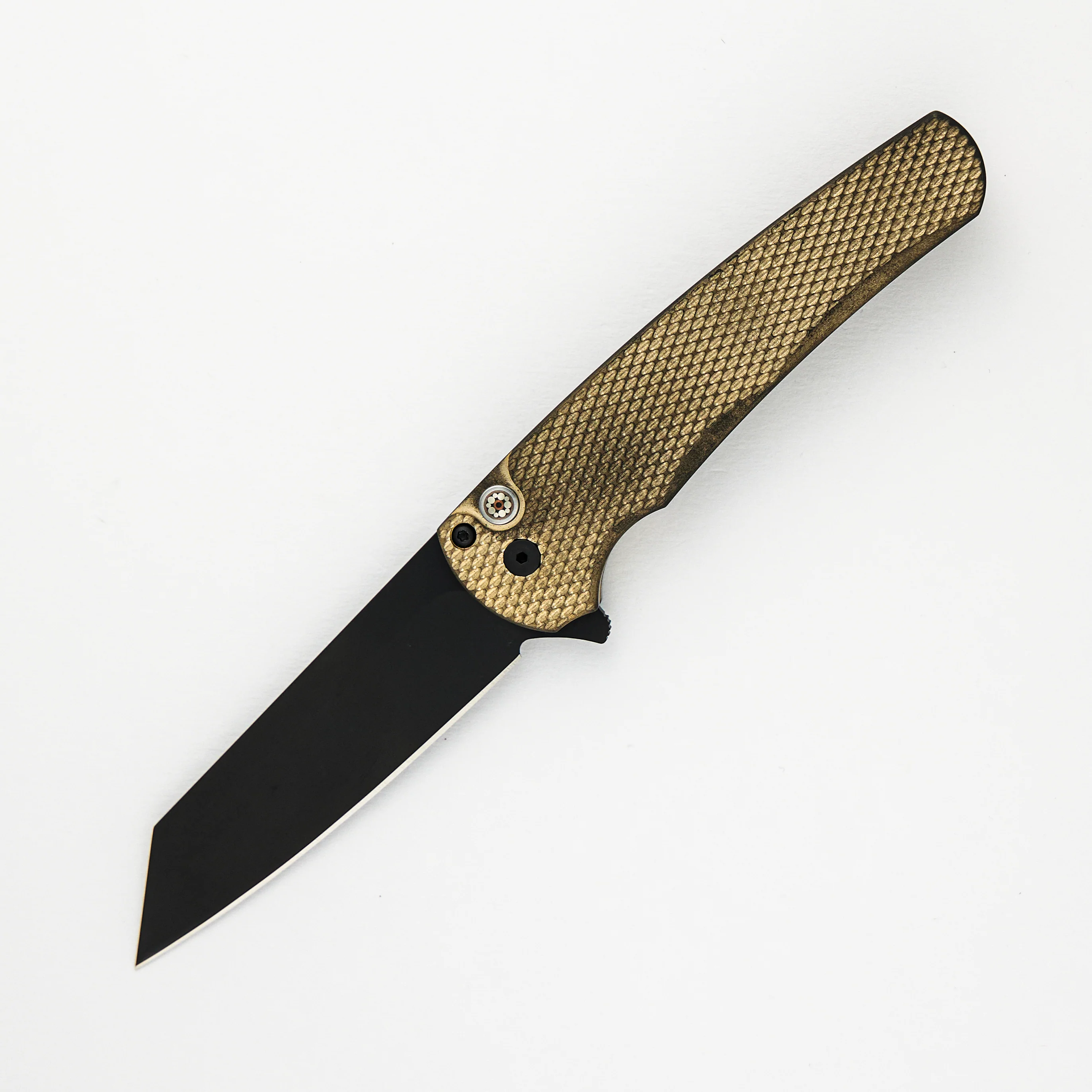 Malibu Flipper Ltd. β Textured Bronze AL Handle β DLC Black 20CV Reverse Tanto Blade β Mosaic Button β 5213
