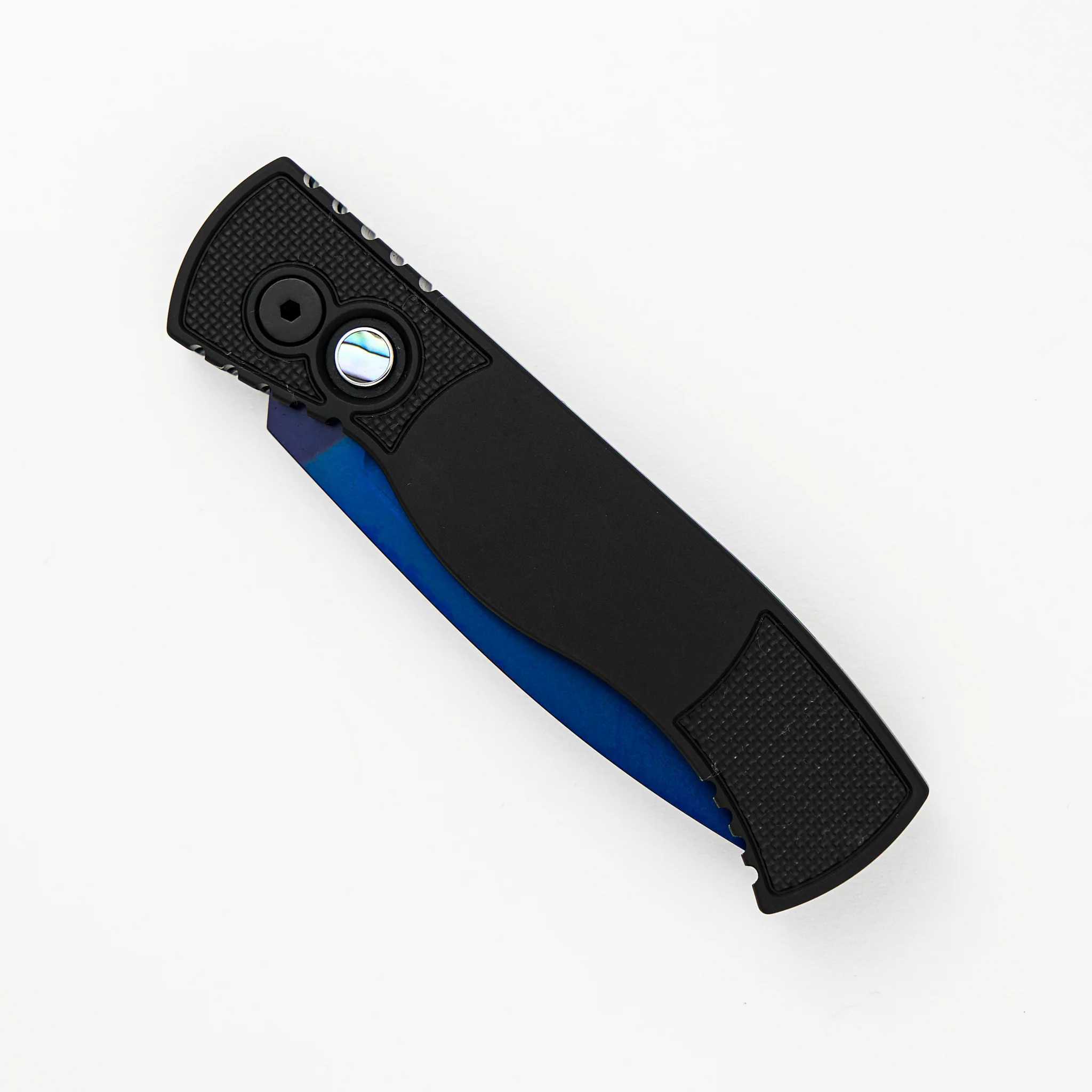 Tactical Response 2 - Black Handle With Textured Corners - Abalone Push Button - Sapphire Blue MagnaCut Blade T203-SB - Image 3
