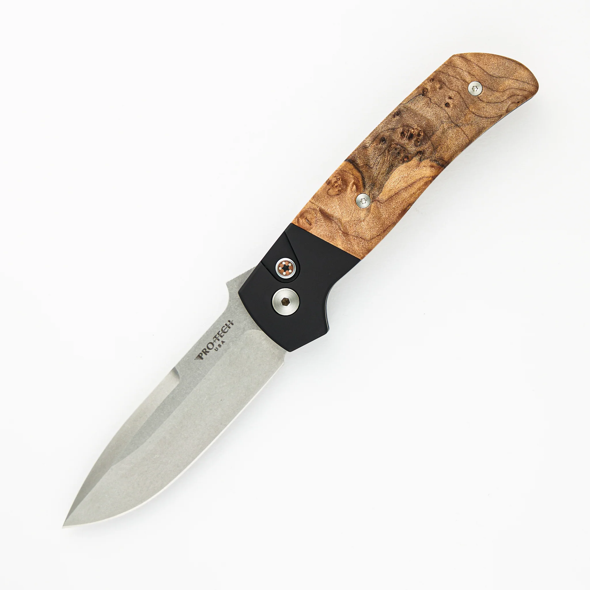 Terzuola ATCF Auto β Black Handle W- Maple Burl Inlays β Mosaic Push Button β Stonewash Magnacut Blade β Ti Clip β BT2706