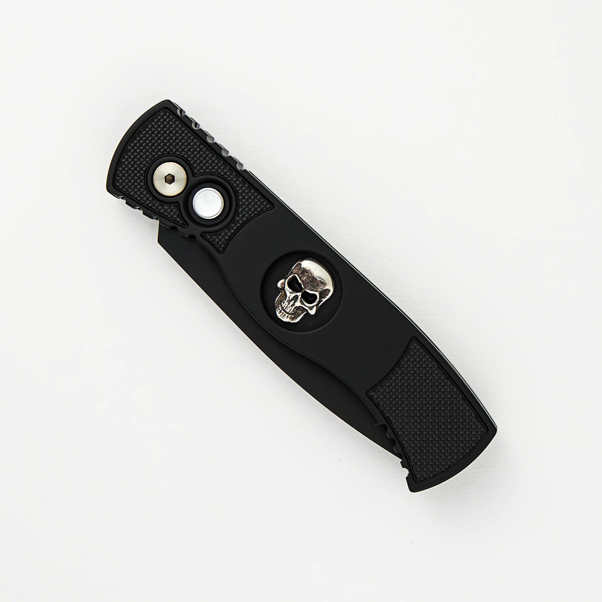 TR-2 Skull Blade Show 2024 - Black Handle, Shaw Sterling Silver Skull, MOP Button, Black MagnaCut Blade - Image 3