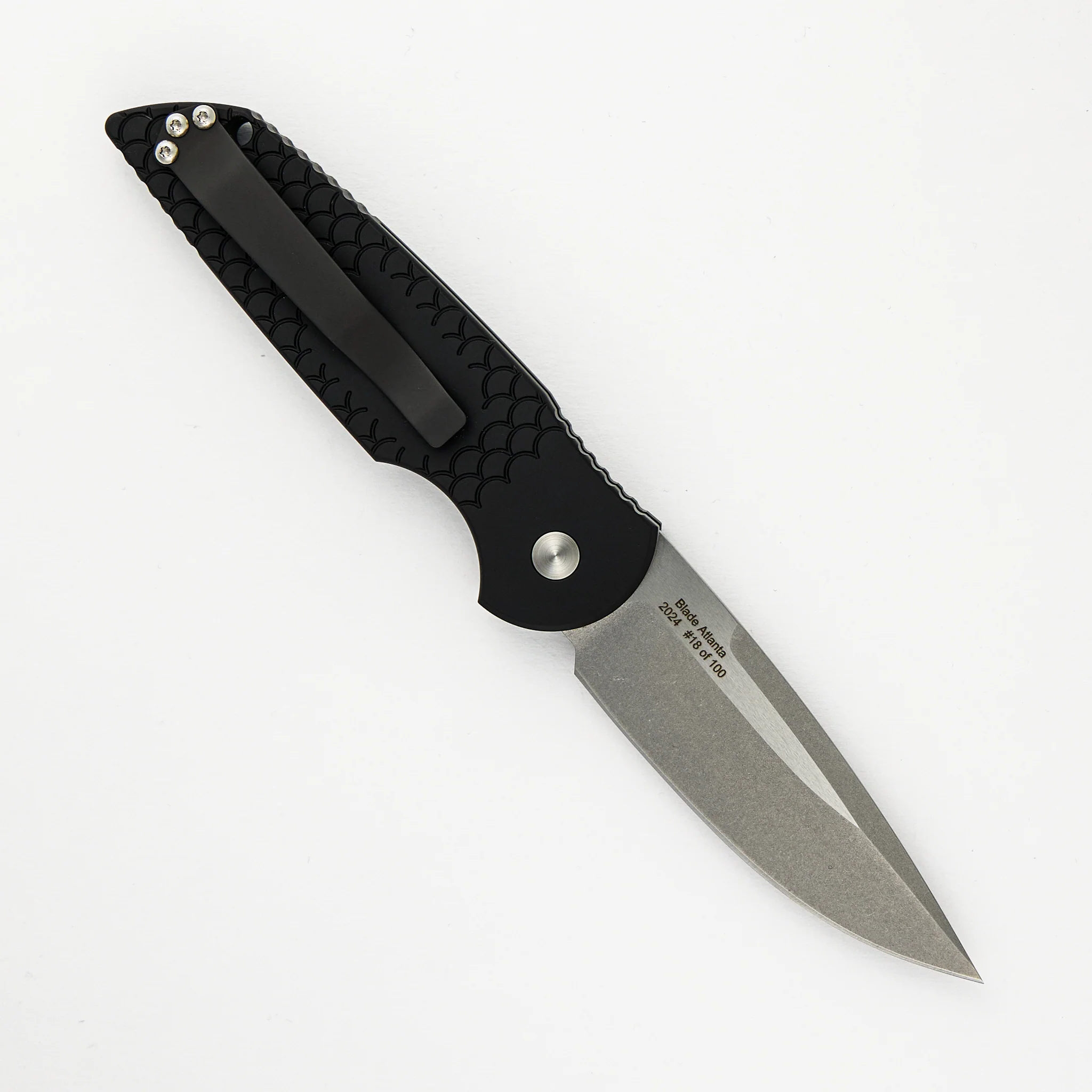 "Limited Edition" TR-3 - Blade Show ATL 2024 - Black Handle W/ Steel Safety, Gold Lip Pearl Button, Stonewash/Satin Blade - Image 2