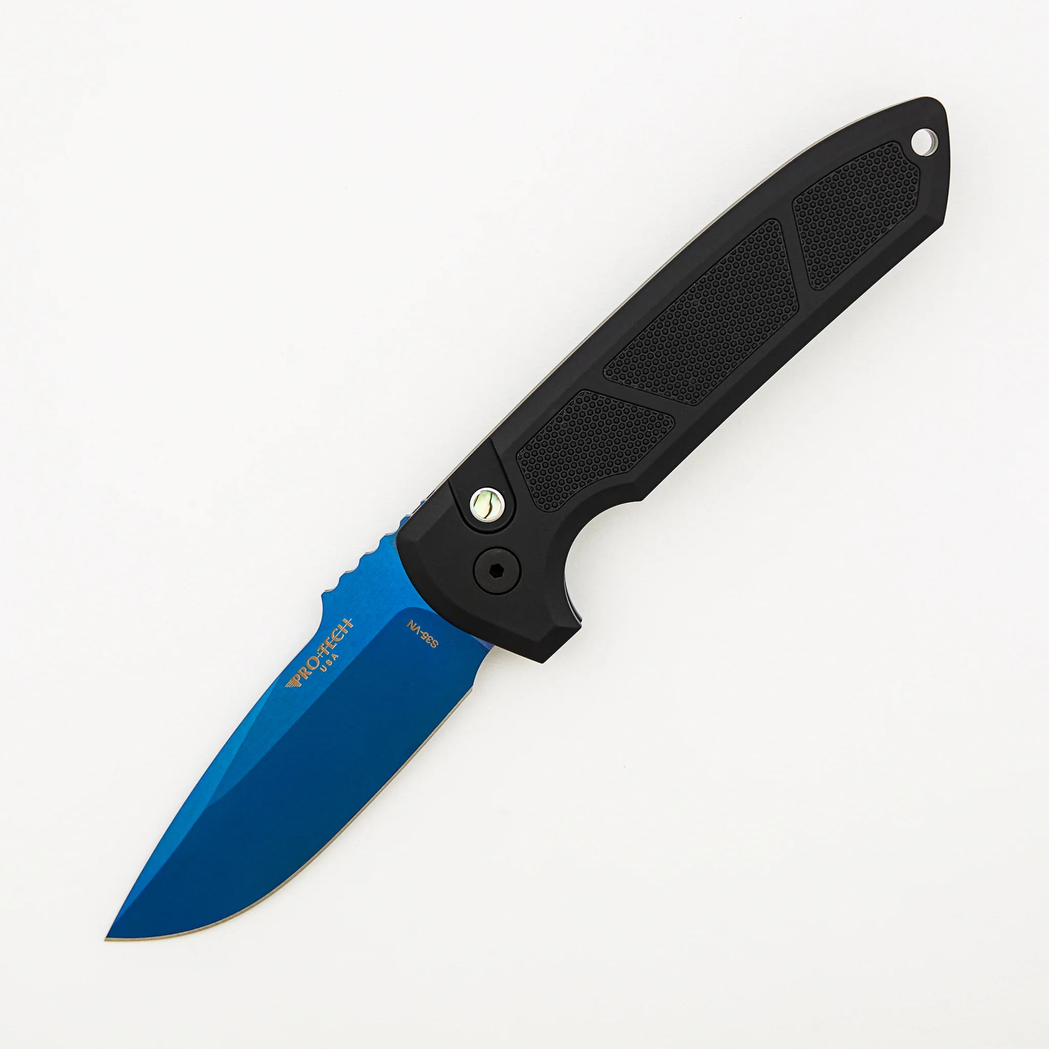 Rockeye Auto - LG307-SB - Textured Black Aluminum Handle - Sapphire Blue S35VN Blade (Les George Design)