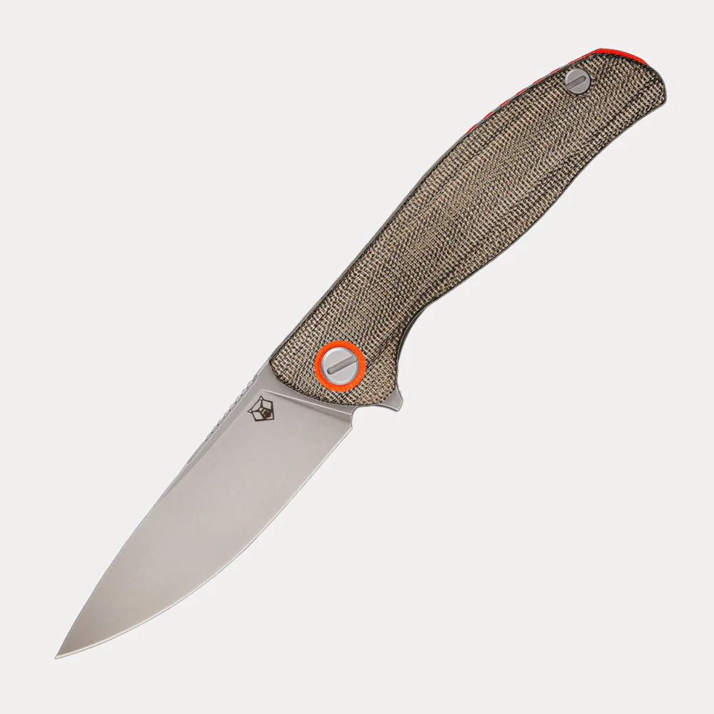 F3 – CROMAX PM BLADE – GREEN CANVAS MICARTA HANDLE W/ ORANGE ACCENTS – MRBS
