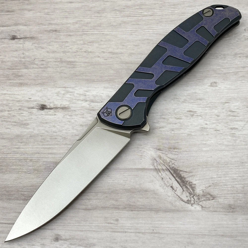 F95 "T" PATTERN - M390 BLADE - TITANIUM HANDLE W- SATIN FLATS - BLUE - MRBS
