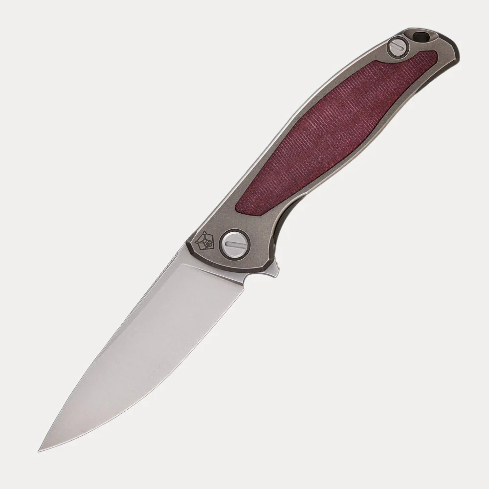 F95NL – ELMAX BLADE – STONEWASHED TITANIUM HANDLE W/ MAROON MICARTA INLAY- MRBS