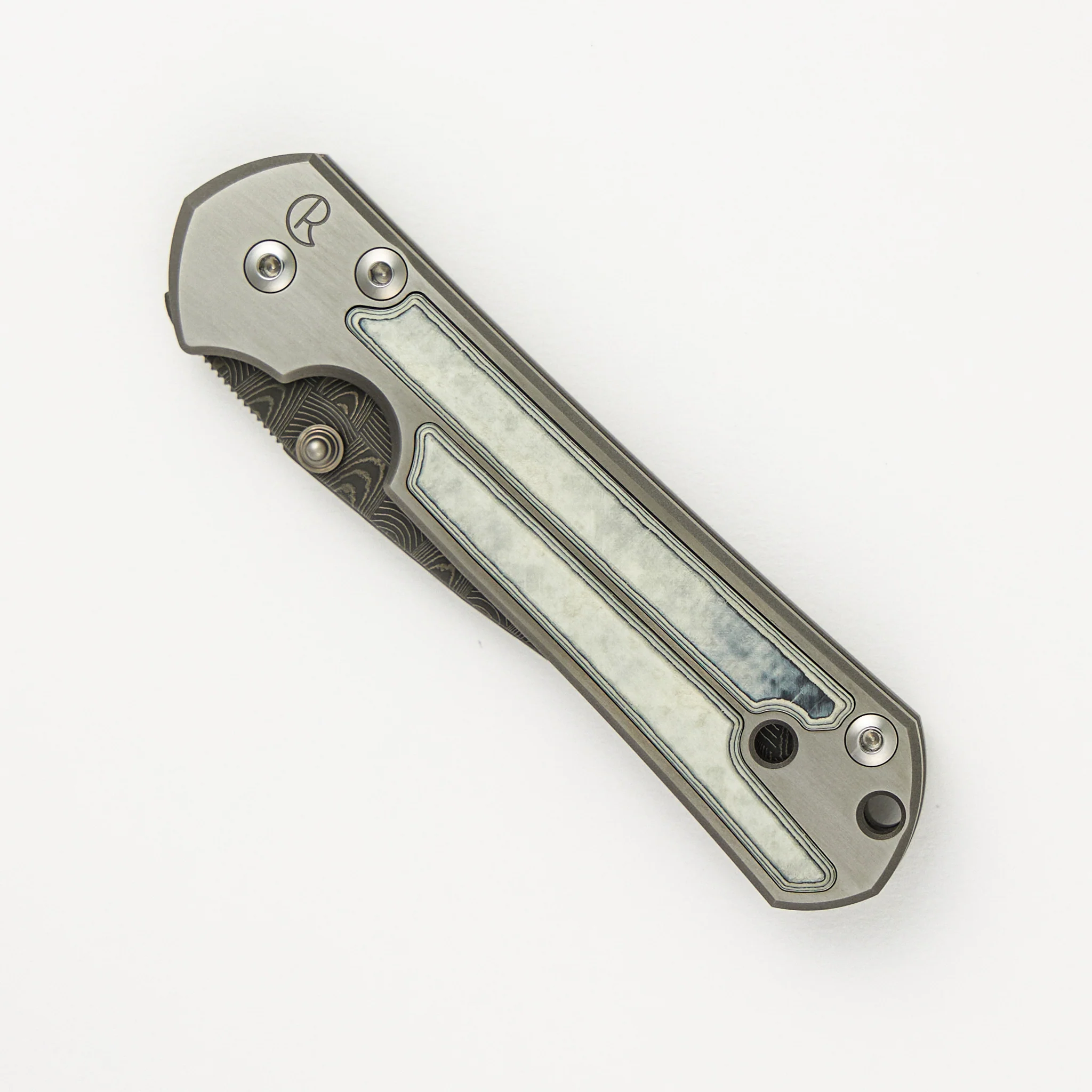 Small Sebenza 21 - Basketweave Blade - Black and White CarboQuartz Handle - Double Thumb Lugs - Image 3