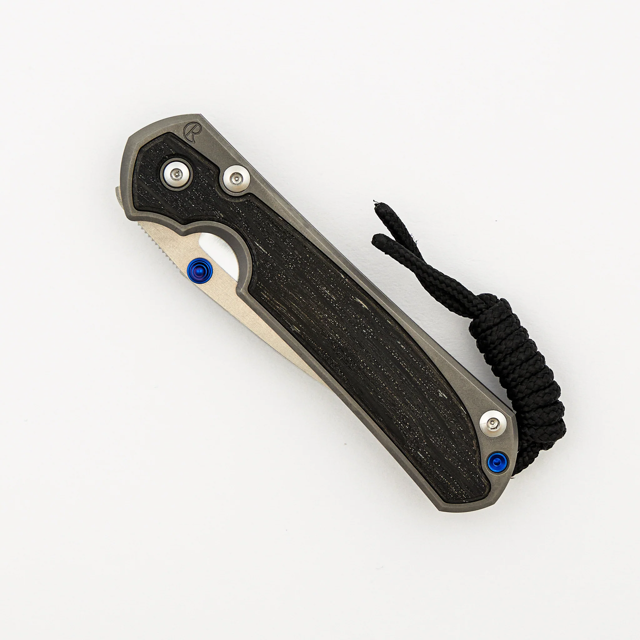Small Sebenza 31 - Bog Oak Inlay - Drop Point Polished CPM MagnaCut Blade - Blue Double Thumb Lugs - Image 10
