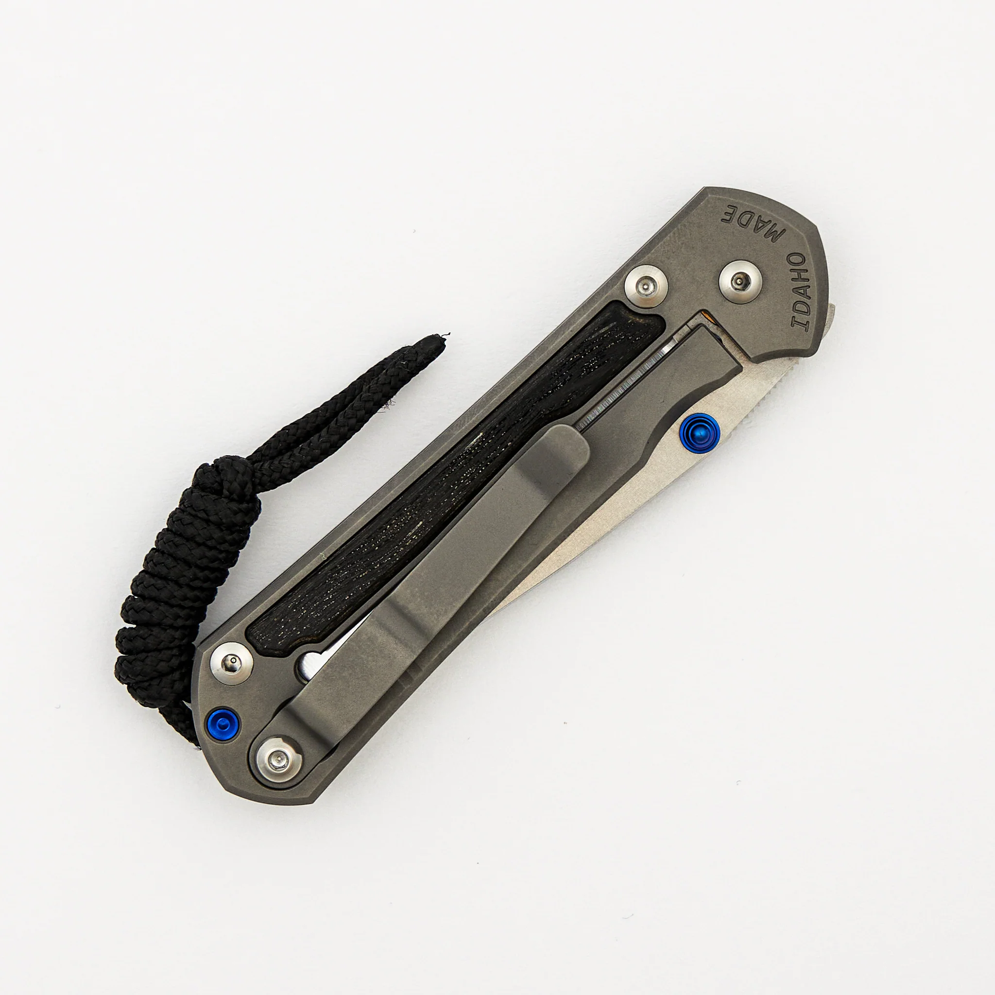 Small Sebenza 31 - Bog Oak Inlay - Drop Point Polished CPM MagnaCut Blade - Blue Double Thumb Lugs - Image 11