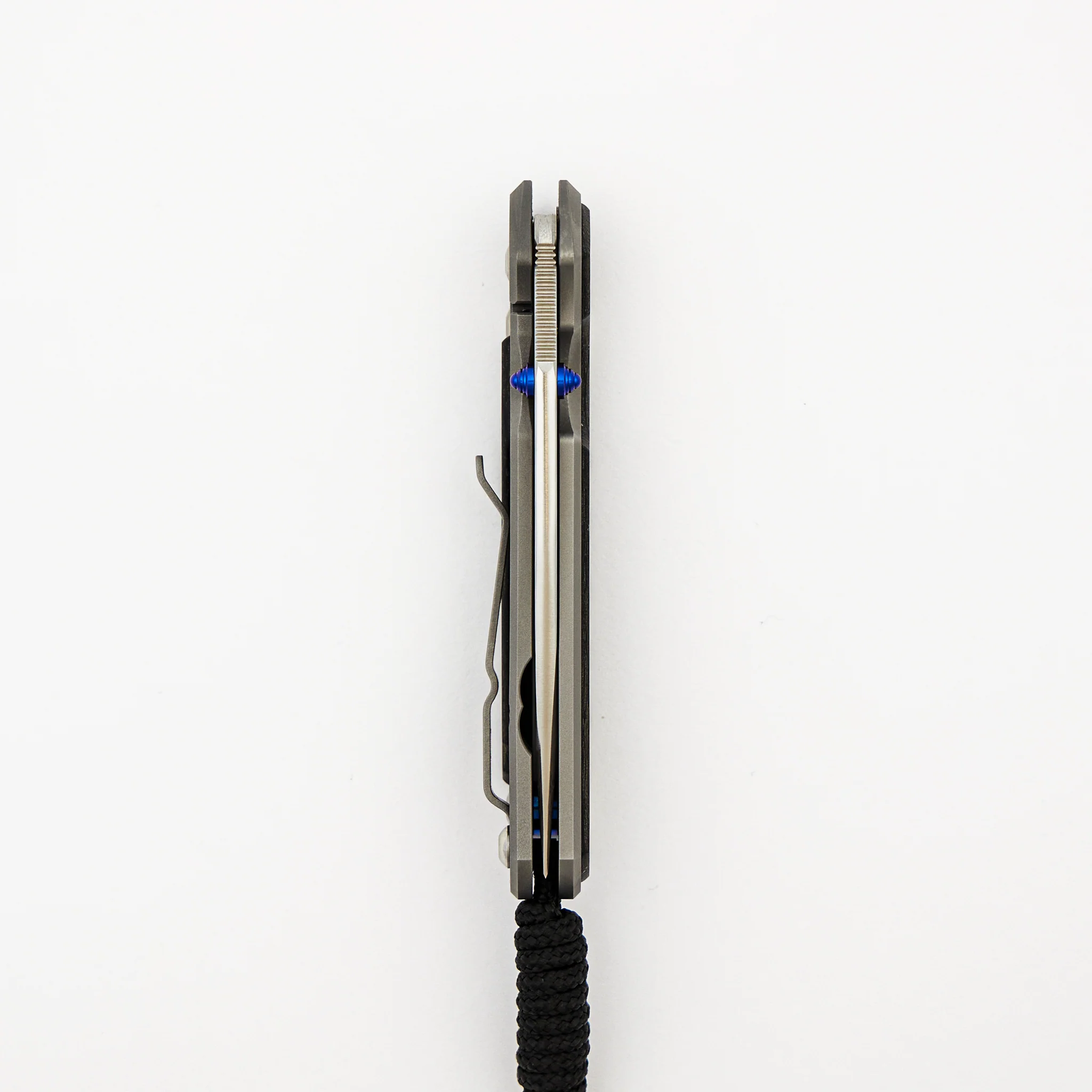 Small Sebenza 31 - Bog Oak Inlay - Drop Point Polished CPM MagnaCut Blade - Blue Double Thumb Lugs - Image 12