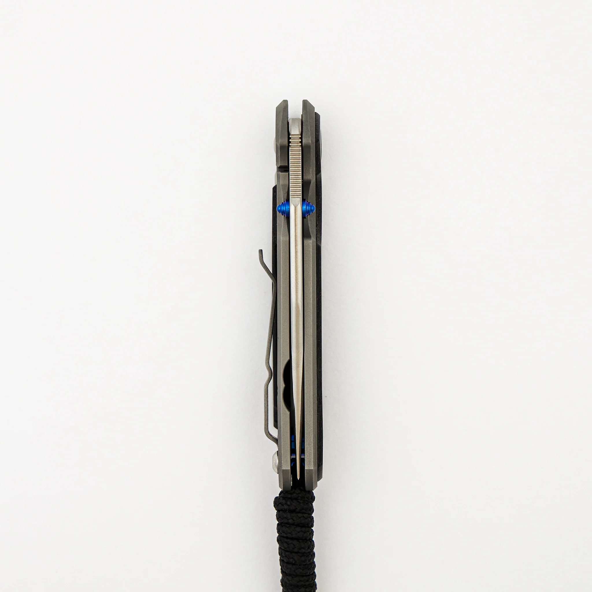 Small Sebenza 31 - Bog Oak Inlay - Drop Point Polished CPM MagnaCut Blade - Blue Double Thumb Lugs - Image 5