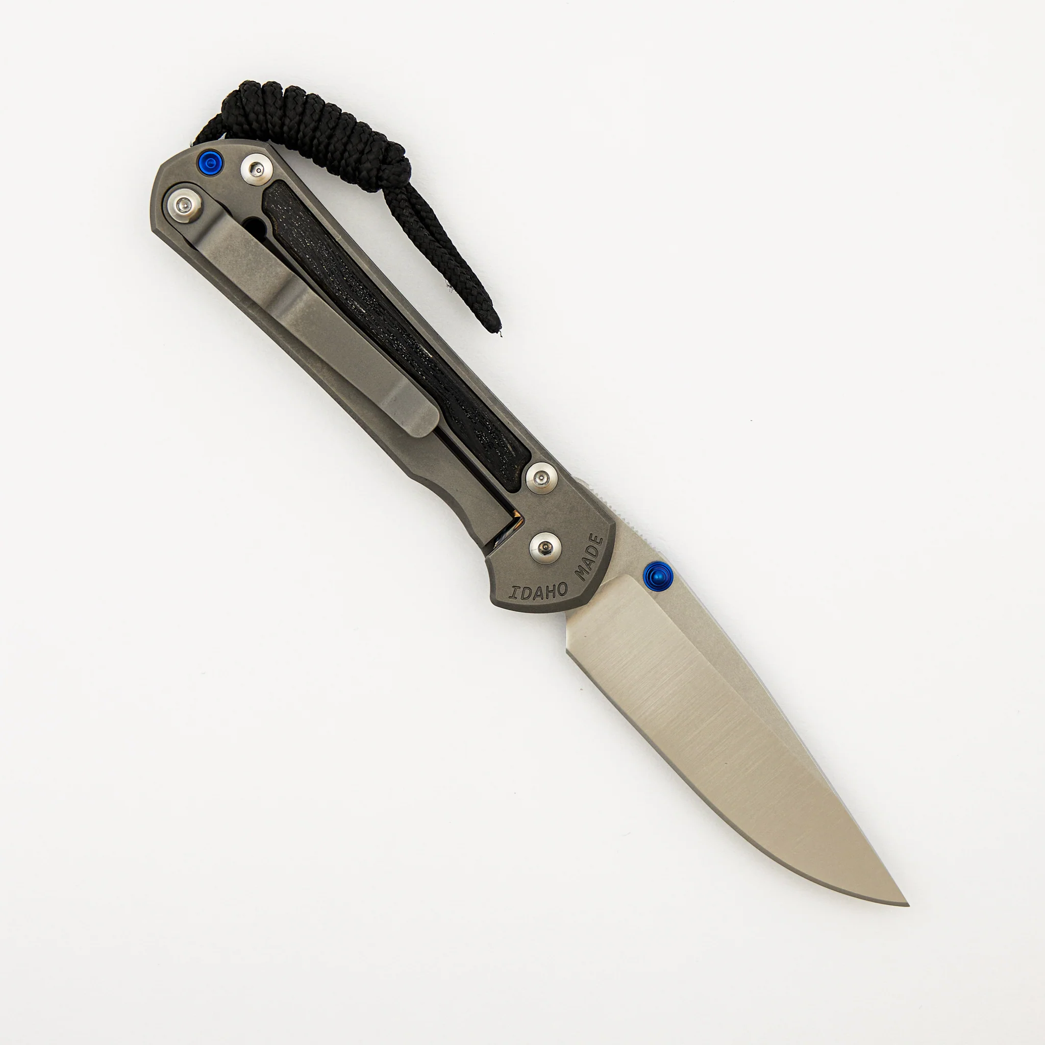 Small Sebenza 31 - Bog Oak Inlay - Drop Point Polished CPM MagnaCut Blade - Blue Double Thumb Lugs - Image 9