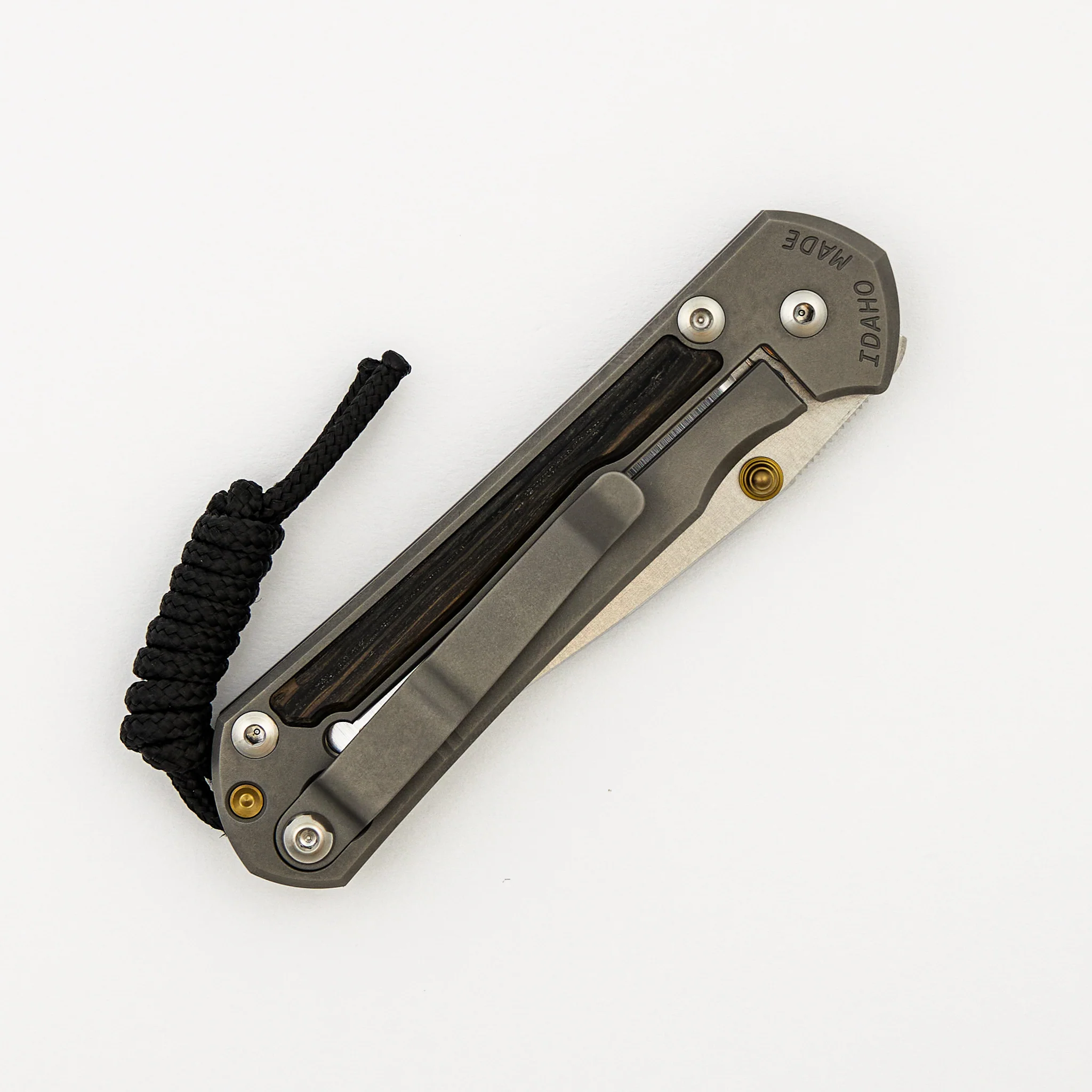 Small Sebenza 31 - Bog Oak Inlay - Drop Point Polished CPM MagnaCut Blade - Gold Double Thumb Lugs - Image 11