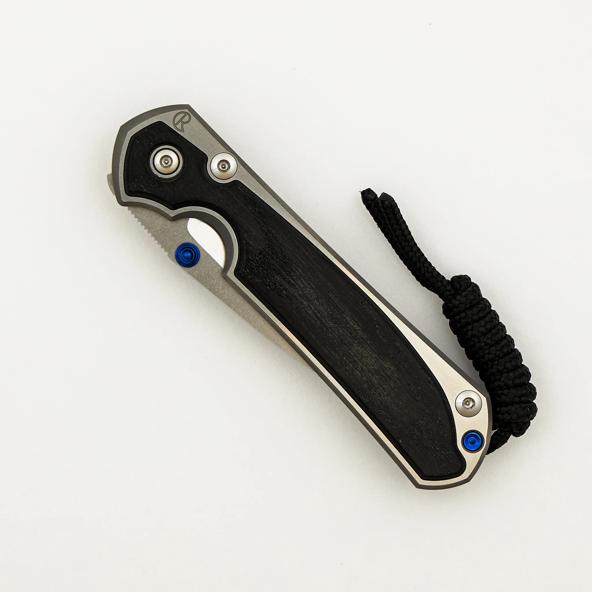 Small Sebenza 31 - Bog Oak Inlay W/ Polished Handle - Drop Point Polished CPM MagnaCut Blade - Blue Double Thumb Lugs - Image 10