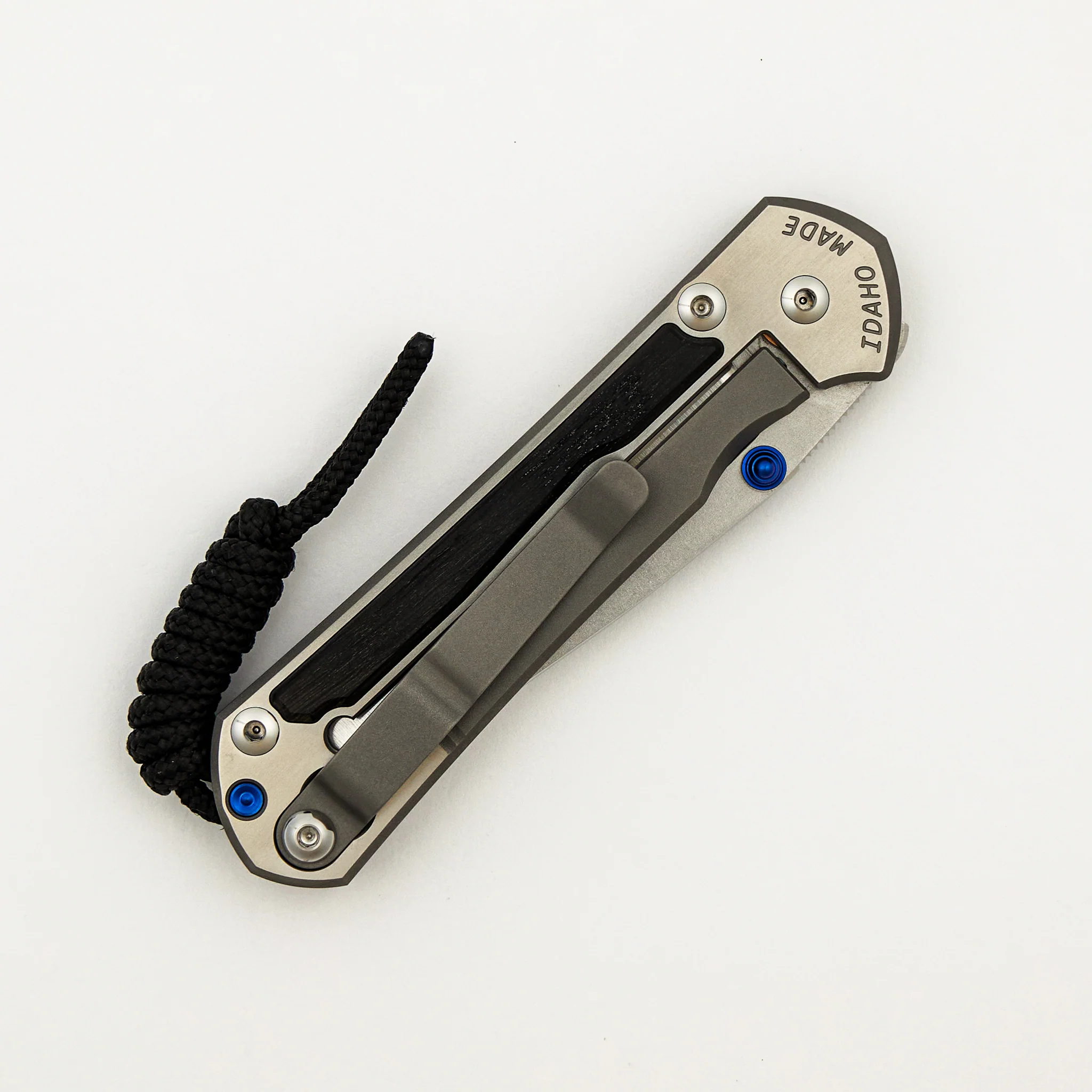 Small Sebenza 31 - Bog Oak Inlay W/ Polished Handle - Drop Point Polished CPM MagnaCut Blade - Blue Double Thumb Lugs - Image 11