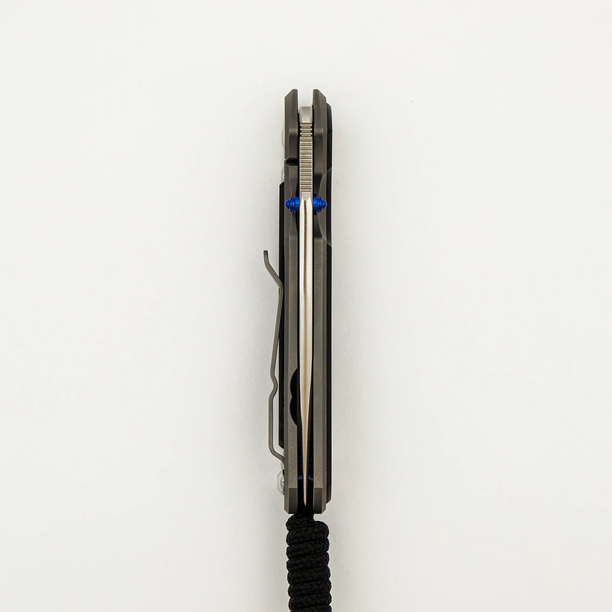 Small Sebenza 31 - Bog Oak Inlay W/ Polished Handle - Drop Point Polished CPM MagnaCut Blade - Blue Double Thumb Lugs - Image 12