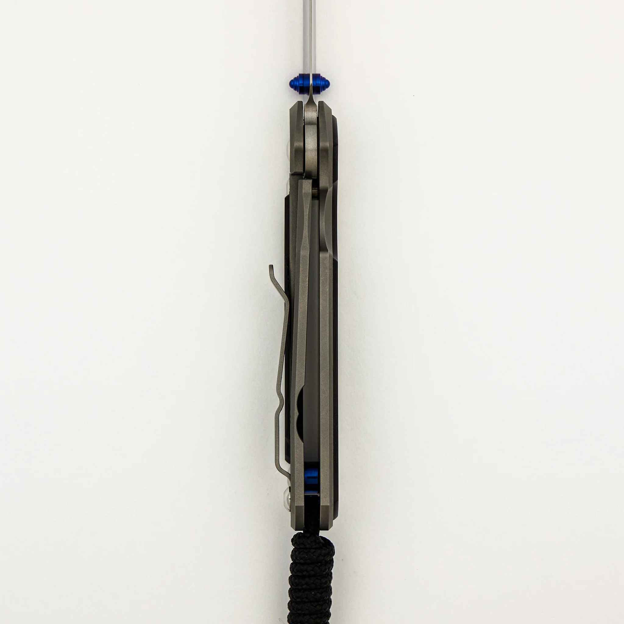 Small Sebenza 31 - Bog Oak Inlay W/ Polished Handle - Drop Point Polished CPM MagnaCut Blade - Blue Double Thumb Lugs - Image 13