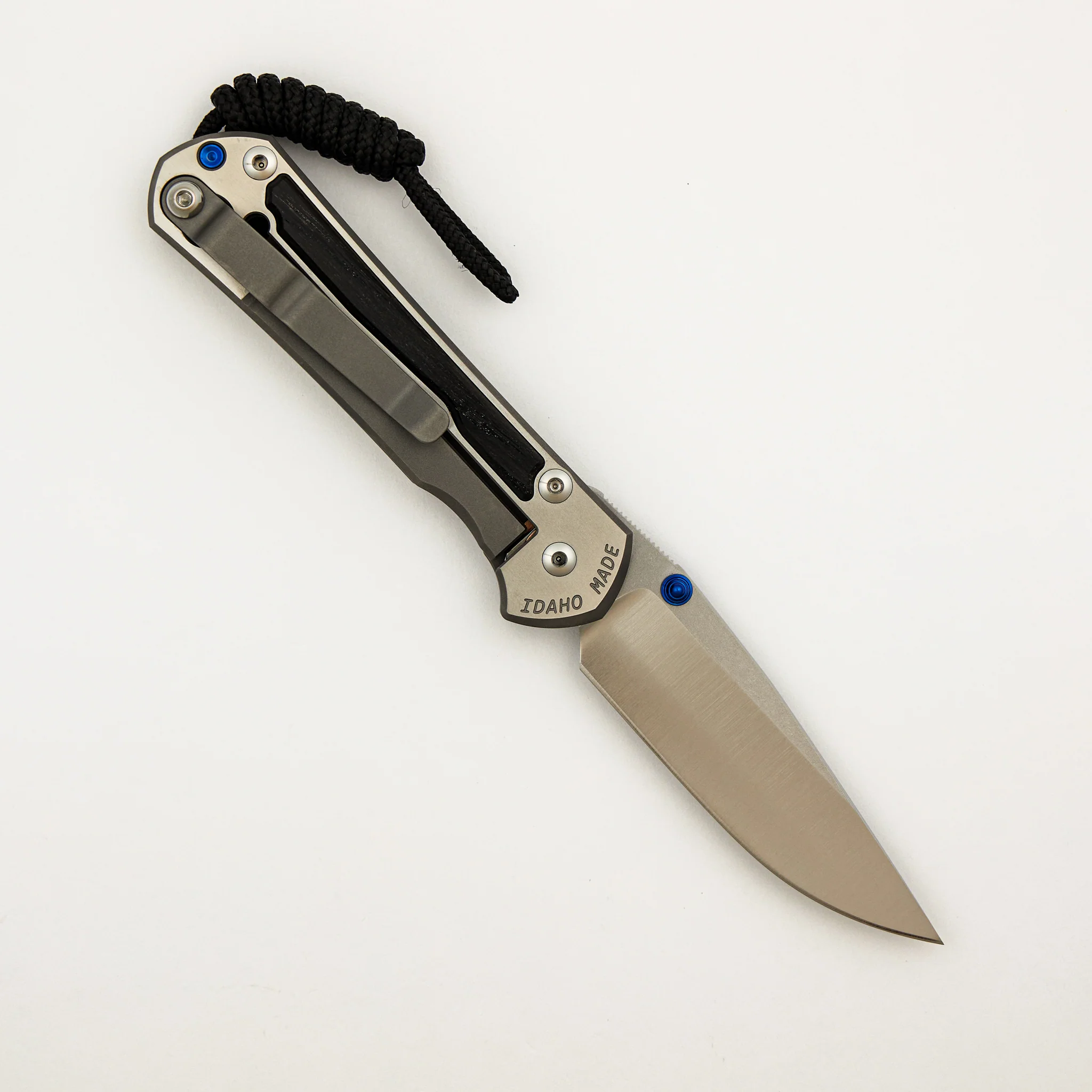Small Sebenza 31 - Bog Oak Inlay W/ Polished Handle - Drop Point Polished CPM MagnaCut Blade - Blue Double Thumb Lugs - Image 2