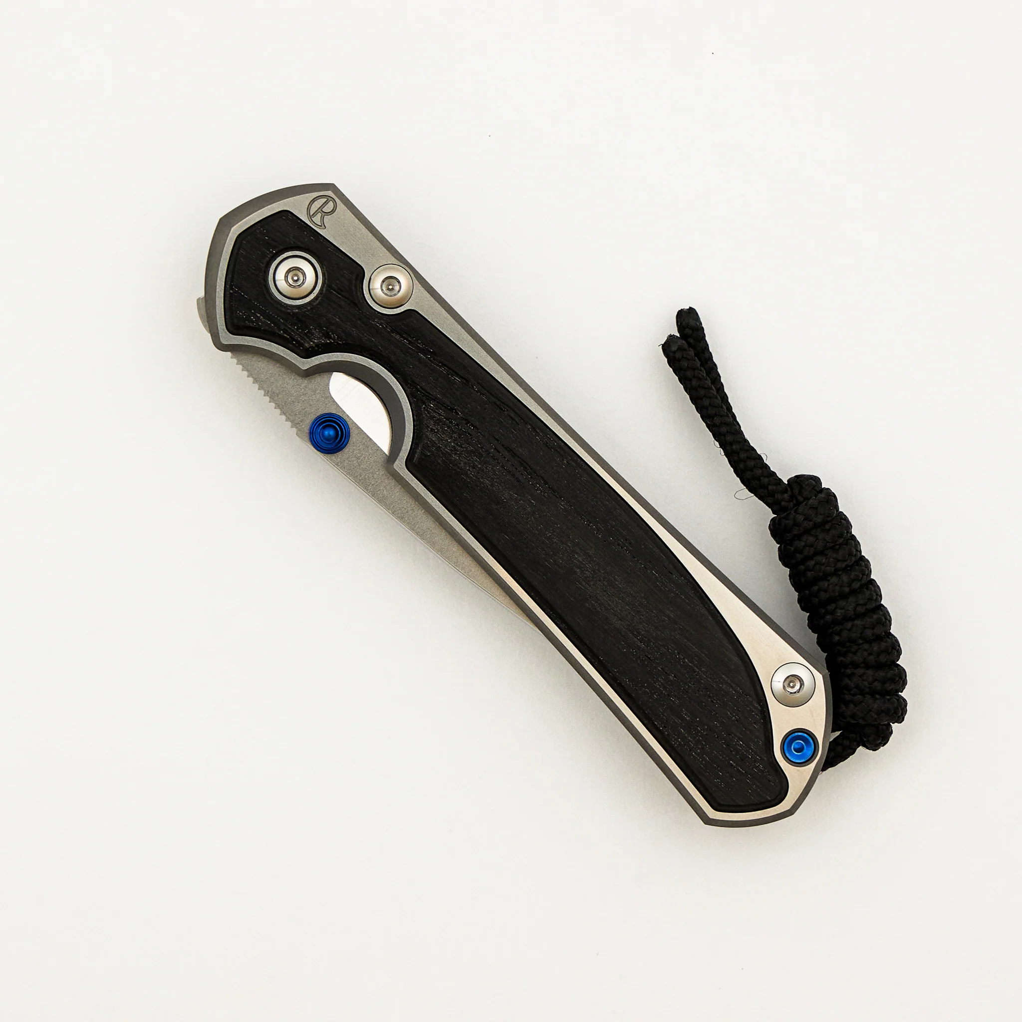Small Sebenza 31 - Bog Oak Inlay W/ Polished Handle - Drop Point Polished CPM MagnaCut Blade - Blue Double Thumb Lugs - Image 3