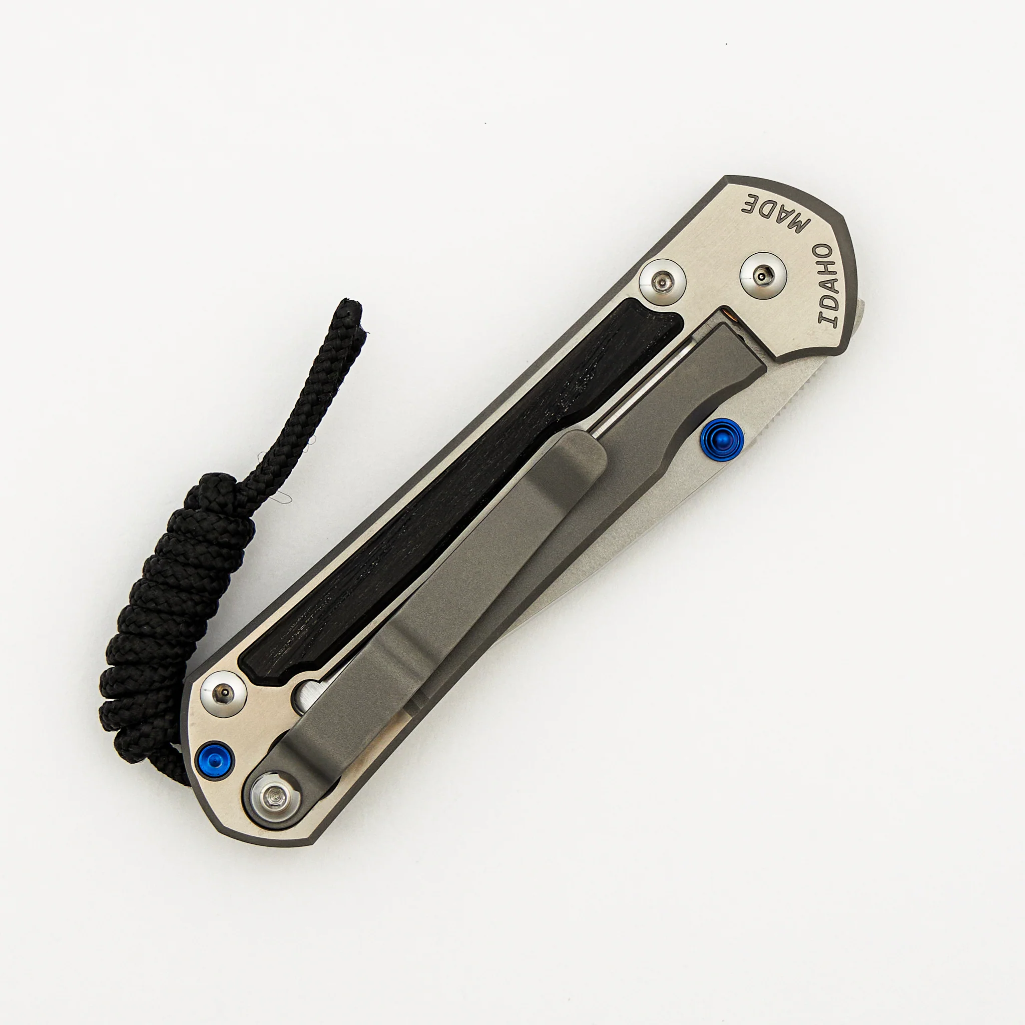 Small Sebenza 31 - Bog Oak Inlay W/ Polished Handle - Drop Point Polished CPM MagnaCut Blade - Blue Double Thumb Lugs - Image 4
