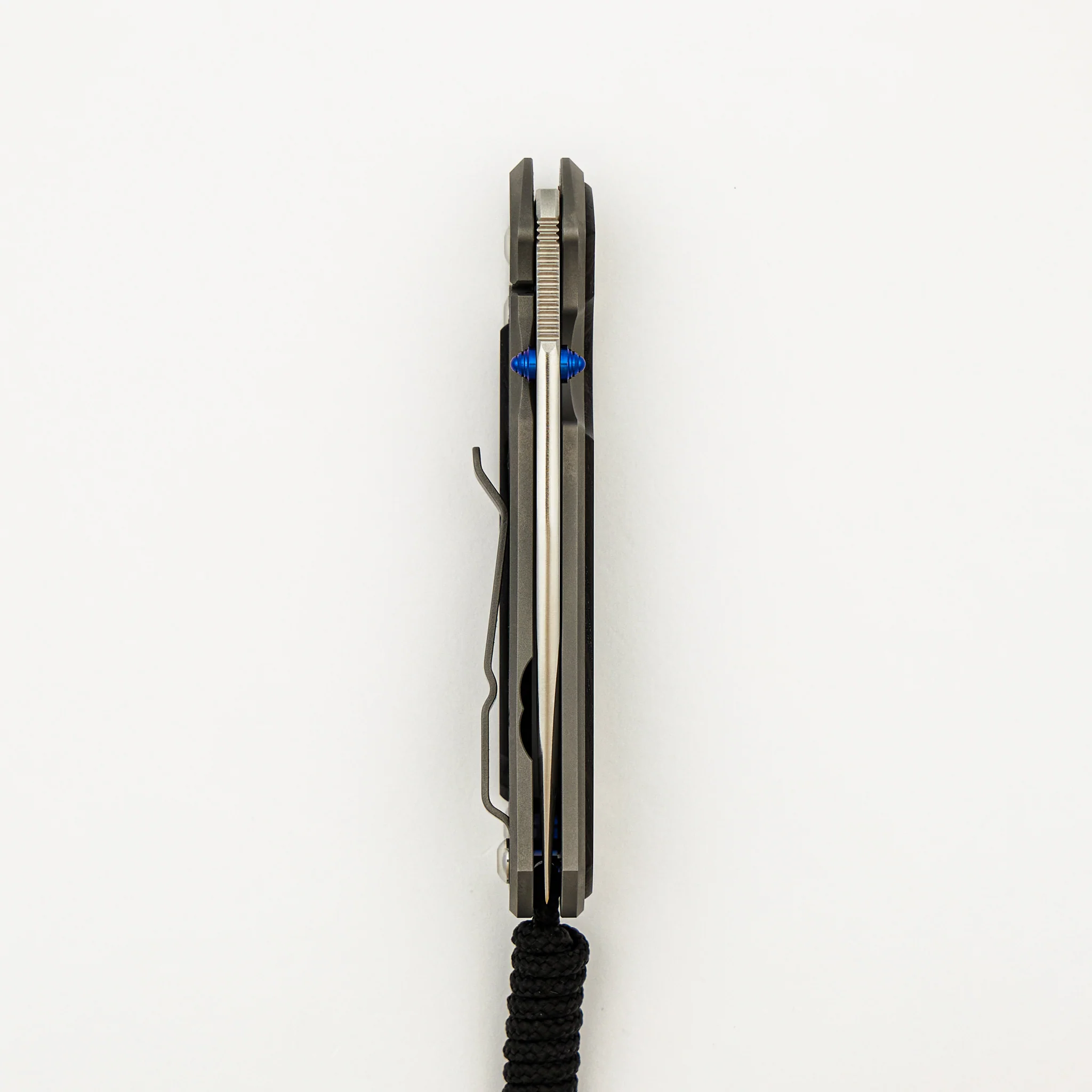Small Sebenza 31 - Bog Oak Inlay W/ Polished Handle - Drop Point Polished CPM MagnaCut Blade - Blue Double Thumb Lugs - Image 5